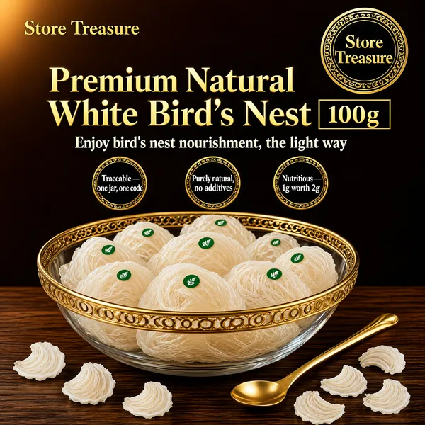 [Format]
Professional e-commerce product main image, square 1:1, luxury tonic-food promo in deep browns and gleaming gold.

[Colors]
Background dark coffee-brown #2a1c12 with a soft warm glow upper-left; accents metallic gold and ivory cream; No frame border.

[Layout]
A corner brand block top-left, a gold seal top-right, a large gold headline in the upper third with a sub-line, a row of three gold-ringed claim badges, and a glass bowl filling the lower half on a wooden table.

[Subject]
A wide glass bowl ringed with an ornate gold rim, filled with pale ivory bird's-nest portions each topped with a small green sticker; a gold spoon rests on the wooden table beside white scallop-shaped dried pieces. No people.

[Headline]
Top-right gold seal: "Store Treasure" in gold on black rings. Main headline "Premium Natural White Bird's Nest" in large gold serif with a boxed "100g" tag; sub-line "Enjoy bird's nest nourishment, the light way". Three gold-ringed badges: "Traceable — one jar, one code", "Purely natural, no additives", "Nutritious — 1g worth 2g".

[Mood]
Opulent, restorative and gift-grade; dark lacquer tones with gleaming gold serif type.