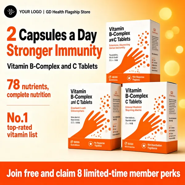 [Format]
Professional e-commerce product main image, square 1:1, clean wellness layout with white supplement boxes on a warm neutral gradient.

[Colors]
Background warm ivory-to-soft-orange gradient (#f7f1e8 to #f0dcc0), primary accent vivid orange (#f07d1a), secondary black and white, glowing amber bokeh spheres, orange bottom band. No frame border.

[Layout]
Header row with a small dark logo chip and shop name at top. Main headline in two lines upper-left with mixed black and orange numerals. Left column lists two stacked stat blocks. Hero product boxes cluster right of center at staggered heights. Full-width orange banner closes the bottom edge.

[Subject]
Three white rectangular supplement boxes printed with an orange organic hand-and-dots motif and bilingual-style label text, arranged as a trio with one behind and two in front, crisp studio lighting with soft shadows.

[Headline]
Top line heavy black sans-serif: "2 Capsules a Day" with orange "2", then "Stronger Immunity" in orange. Sub-line black: "Vitamin B-Complex and C Tablets". Left stats in orange: "78 nutrients, complete nutrition" and "No.1 top-rated vitamin list". Bottom orange band in white: "Join free and claim 8 limited-time member perks".

[Badges]
Small dark round chip and text top-left reading "YOUR LOGO | GD Health Flagship Store"; full-width orange membership banner at the bottom.

[Mood]
Energetic, science-backed vitality, warm and motivating for daily health routines.