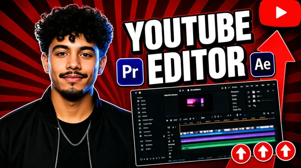 [Format]
Landscape 16:9 gig cover, loud YouTube-thumbnail style with big outlined type, saturated red glow, a cut-out presenter and a software-interface screenshot. Studio-crisp with hard drop shadows. No watermark, no personal names.

[Layout]
A busy split. The left 45% is the presenter's cut-out, cropped at the chest and bleeding off the bottom and left edges, standing in front of the backdrop. The right 55% stacks top to bottom: a two-word headline with software badges tucked inline, then a large dark editing-software screenshot occupying the lower right, tilted a few degrees. Behind everything is a deep-crimson background with dark radial stripes, a big red up-arrow rising through the right side, and a red glint in the top-right corner beside a cropped red play-button shape. Small red circular up-arrow icons dot the lower right over the screenshot. The headline sits just above the screenshot and slightly overlaps the presenter's shoulder.

[Subject]
A young man in his early twenties, chest-up, on the left side, looking straight to camera with a light smirk. Thick curly dark hair, a thin moustache and short chin beard, black zip jacket over a black tee with a thin chain at the collar. Hard key light from the front-right, cool hair highlights, deep shadows; he is cut out cleanly from the red backdrop.

[Headline]
Top-right, stacked and huge: “YOUTUBE” in white heavy sans caps with a thick black outline and a hard offset shadow; beneath it “EDITOR” in the same treatment, with two software badges tucked inline — the Adobe Premiere Pro “Pr” rounded-square badge (white “Pr” on a blue-violet tile) to the left of the word, and the After Effects “Ae” rounded-square badge (white “Ae” on a dark indigo tile) to its right. Each badge is roughly a fifth of the headline cap-height.

[Badges]
The Adobe Premiere Pro “Pr” badge and the After Effects “Ae” badge sit inline with the “EDITOR” line as described. A red YouTube play-button shape is cropped at the top-right corner. Three small red circular up-arrow icons sit along the bottom right above the blurred screenshot panel that fills the lower right area.

[Mood]
Deep red, black and white with blue-violet software accents. Loud and high-energy; the outlined white type and the red arrow survive any thumbnail crop.