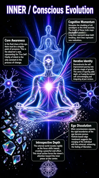 The infographic, titled "INNER / Conscious Evolution" in large, bold, white sans-serif font with a glowing purple outline at the top center, presents a conceptual visualization of inner transformation and spiritual growth. The background is a deep cosmic space filled with radiating blue and purple light beams emanating from the center, creating a sense of depth and focus toward the central figure. The overall layout is symmetrical and radial, emphasizing convergence toward the core.

At the center is a translucent, iridescent human figure seated in lotus meditation pose, glowing with internal energy. The figure’s body is rendered with a glass-like, crystalline texture, reflecting rainbow hues, and features a bright white heart chakra and a third eye symbol (a glowing white eye) on the forehead. Energy streams—colorful, luminous lines in shades of purple, blue, pink, and white—radiate outward from the figure’s core, suggesting the flow of consciousness or enlightenment.

Five labeled concept boxes are positioned around the central figure, each connected by thin lines to specific visual elements. These boxes are dark gray with rounded corners and contain white text, providing explanations for the visual metaphors.

The first concept, **Core Awareness**, is located to the left of the central figure. It explains: “In the fluid chaos of the ego, there must be a singular point of presence. This is the observer’s seat, representing the ‘True Self’. Clarity of intent is the only constant in the process of change.” This concept visually corresponds to the third eye and the stable, centered posture of the figure.

To the upper right, **Cognitive Momentum** describes: “Simulates the shedding of old paradigms as the mind ascends. The length of these trails maps the depth of practice. Long lines represent deep habit breaking, short lines represent new realizations.” This refers to the long, flowing energy trails extending from the figure, which vary in length and brightness, symbolizing different stages or intensities of mental evolution.

Below that, **Iterative Identity** states: “Deconstructs the self-improvement journey into discrete stages of growth. This sense of layering adds depth, as if seeing the evolved self acknowledging and integrating all past versions.” Visually, this is represented by two semi-transparent, ghostly figures behind the main one—depicting previous versions of the self, layered and ascending, illustrating progression over time.

On the lower right, **Ego Dissolution** reads: “When consciousness expands, the rigid boundaries of the ego become porous. Particle-based edge treatment suggests the merging of the individual with the universal, enhancing the feeling of liberation.” This is visually shown by the fragmented, particle-like edges of the central figure’s limbs and the surrounding shattered glass shards, symbolizing the breakdown of the ego.

Finally, **Introspective Depth** is located at the bottom center and says: “The external world recedes rapidly as the focus shifts inward, creating a powerful void effect. This visual suction forces the viewer’s attention toward the inner peace at the center.” This concept is reinforced by the radial light beams pulling inward toward the figure, creating a tunnel-like effect that draws the eye to the heart and third eye.

Additional visual elements include stylized neurons floating on the left and right sides, reinforcing the cognitive and neural aspects of evolution. Shattered glass fragments are scattered around the lower left, further emphasizing fragmentation and dissolution. At the very bottom center, a small geometric mandala-like symbol appears, possibly representing unity or sacred geometry.

The infographic uses a combination of symbolic imagery, gradient lighting, and clear textual annotations to convey a holistic model of conscious evolution. The design blends science fiction aesthetics with spiritual symbolism, using color, light, and form to encode abstract psychological and philosophical ideas into a visually compelling narrative.