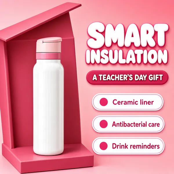 [Format]
Professional e-commerce product main image, square 1:1, sweet pastel gift-market style in soft pinks with plump rounded typography. No watermark, no personal names.

[Colors]
Blush-pink gradient background (#f5b8c4 to #e88ba0 range), a deeper rose-pink gift-box panel standing behind the bottle, white puffy display type with soft pink drop shadows, white pill badges with fine pink outlines. No frame border.

[Layout]
A raised pink panel like the back of an open gift box occupies the left two-thirds, its lid edge running diagonally behind the product. The bottle stands on the panel at mid-left; the right third is open pink background carrying the stacked headline at the top and three pill badges down its length.

[Subject]
No people. A tall slim white stainless-steel vacuum bottle with a two-tone pale-pink flip-lid cap and pink collar band, standing perfectly upright, glossy and clean, lit softly from the upper left with a gentle contact shadow beneath.

[Headline]
Upper right, two lines of very large rounded white caps with soft shadows, each on its own line: "SMART" then "INSULATION". Directly beneath, a rose-pink pill strip carrying white caps "A TEACHER'S DAY GIFT".

[Badges]
Down the right side, three white rounded pill badges each with a small pink dot icon and pink text: "Ceramic liner", "Antibacterial care" and "Drink reminders".

[Mood]
Sweet, giftable and softly feminine; layered pinks with a clean white bottle as the hero.