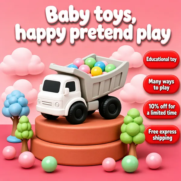 [Format]
Professional e-commerce product main image, square 1:1, cute 3D-render toy style on a candy-pink studio set.

[Colors]
Background a soft two-tone pink scene (#f2b8bd upper, #e79aa2 lower) with puffy 3D clouds and pastel trees; white and coral product tones on a terracotta plinth; red pill accents down the right; no frame border.

[Layout]
Headline across the top; a white toy truck centred on a stacked terracotta plinth; four red rounded pills stacked down the right edge; small pastel trees and balls scattered around the base.

[Subject]
No people. A chunky stylized 3D toy truck with a white cab and pale-grey tipper bed holding colorful balls, black wheels; pastel-blue trees, a green tree and pink-and-green balls dot the plinth, with soft cloudy pink shapes floating behind.

[Headline]
Top, white bubbly 3D caps with a soft drop shadow: "Baby toys, happy pretend play". The right pills in white text read "Educational toy", "Many ways to play", "10% off for a limited time" and "Free express shipping".

[Badges]
The four red pills are the promo badge stack.

[Mood]
Sweet and toy-box friendly; candy pinks and soft 3D shapes made to appeal to parents of toddlers.