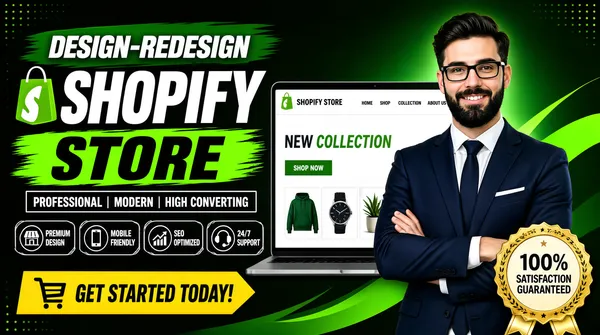 [Format]
Professional Fiverr gig cover, landscape 16:9 banner. Bold dark-green e-commerce advertising style with brush-stroke slabs. No watermark, no personal names.

[Layout]
A near-black green gradient background with a soft green glow behind the right side, faint dot grids in the corners, and a wide green ribbon swoosh curving behind the subject and laptop. The left half carries the headline stack, icon row and button; the subject and device occupy the right half.

[Subject]
Right half: a young white / Caucasian man with dark hair, black rectangular glasses and a full beard, wearing a navy suit jacket over a white shirt and dark navy tie, arms folded across his chest, smiling confidently at the camera.

[Headline]
Stacked on the left: a green brush-stroke slab containing "DESIGN-REDESIGN" in white italic caps; then the Shopify green shopping-bag logo beside "SHOPIFY" in enormous heavy white italic caps; then "STORE" in very heavy black italic caps on a bright-green brush slab; then a thin white-outlined box with "PROFESSIONAL | MODERN | HIGH CONVERTING" in white caps.

[Badges]
Below, a row of four thin white-outlined circles with line icons and small white captions: a storefront icon for "PREMIUM DESIGN", a phone icon for "MOBILE FRIENDLY", a rising-chart icon for "SEO OPTIMIZED" and a headset icon for "24/7 SUPPORT". At the bottom left, a yellow angular arrow-shaped button with a dark cart icon and "GET STARTED TODAY!" in dark caps. Lower right, a gold rosette seal with a star-studded rim reading "100%" over "SATISFACTION GUARANTEED" in dark caps on a cream band.

[Devices]
Behind and beside the subject, a laptop mockup shows a Shopify storefront: a white header with the Shopify bag logo and "SHOPIFY STORE" plus a "HOME SHOP COLLECTION ABOUT US" navigation, the headline "NEW COLLECTION" with "COLLECTION" in green, a "SHOP NOW" button, and product photos of a green hoodie, a wristwatch and a small potted plant.

[Mood]
Energetic, trustworthy and store-focused; black-green ground with bright green brush slabs, yellow call-to-action and a polished suited presenter beside a real storefront.
