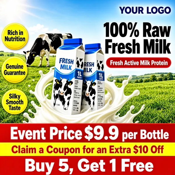 [Format]
Professional e-commerce product main image, square 1:1, pastoral promo for fresh milk cartons.

[Colors]
Bright pasture background with blue sky, green grass and a grazing cow, white milk cartons with blue gable tops and cow-print labels, creamy white milk splash, red price bar, yellow round badges.

[Layout]
Logo text top right, big headline upper right with a red pill tag beneath, two cartons leaning center-left inside a milk splash, three yellow badges along the left edge, red-and-yellow promo bars across the bottom.

[Subject]
Two 1L milk cartons with white bodies, blue caps and black cow-print label art with nutrition panel, gushing through a swirl of fresh milk.

[Headline]
Top right: "YOUR LOGO". Headline: "100% Raw Fresh Milk" in huge black bold letters. Red pill: "Fresh Active Milk Protein". Yellow badges: "Rich in Nutrition", "Genuine Guarantee", "Silky Smooth Taste". Bottom: red block "Event Price $9.9 per Bottle", yellow strip "Claim a Coupon for an Extra $10 Off", red strip "Buy 5, Get 1 Free".

[Badges]
Three yellow round claim badges left; stacked red-yellow coupon and quantity-promo bars at the bottom.

[Mood]
Fresh, wholesome and dairy-rich, sunny farm-morning goodness.