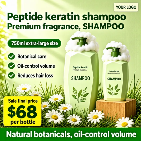 [Format]
Professional e-commerce product main image, square 1:1, botanical haircare duo with foam caps on a sunlit windowsill garden scene.

[Colors]
Background soft sage green (#cfe3c0) with a bright window glow, white daisies and grass at the base, primary accent fresh green (#5faa4f), secondary white bottles, green type, yellow price strip, green banner. No frame border.

[Layout]
Headline spans the top in two lines. A green capacity pill and three green check lines stack on the left. The two hero bottles stand right of center wearing foam crowns, one elevated on a wooden cube. A yellow price card anchors bottom-left with a green banner closing the bottom edge.

[Subject]
Two pale-green angular pump bottles of shampoo in large and small sizes, each topped with a fluffy white foam cap, branded with soft green lettering, standing among daisies, grass tufts and a warm window light beam.

[Headline]
Green bold type: "Peptide keratin shampoo" with sub-line "Premium fragrance, SHAMPOO". Green pill: "750ml extra-large size". Green checks: "Botanical care", "Oil-control volume", "Reduces hair loss". Yellow card: "Sale final price 68 per bottle" with currency symbol. Green banner: "Natural botanicals, oil-control volume".

[Badges]
Header chip top-right reading "YOUR LOGO"; green capacity pill; yellow price card; green bottom banner.

[Mood]
Sunny meadow-fresh botany with gentle foam and honest sizing.