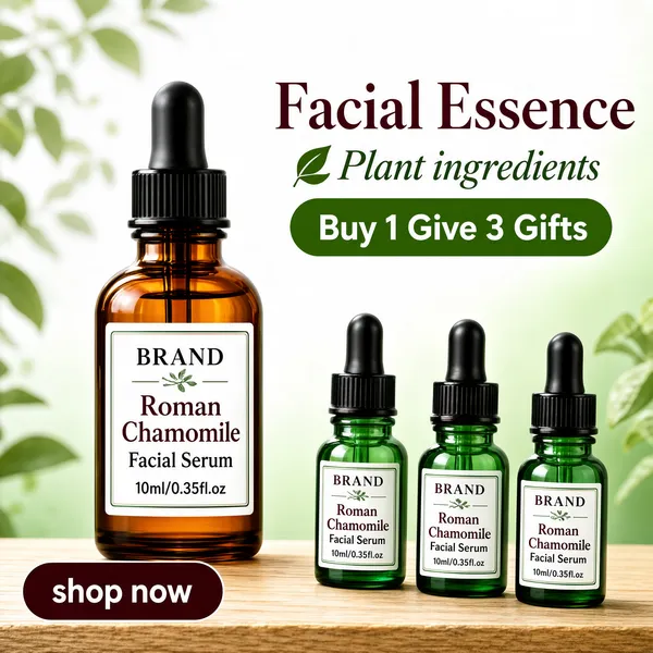 [Format]
Professional e-commerce product main image, square 1:1, botanical skincare style with soft green foliage bokeh and natural daylight.

[Colors]
Airy white-to-green gradient background with blurred leaves and a light wood surface strip at the bottom; amber glass and green glass bottles glow warmly; deep burgundy serif and leaf-green accents in the type.

[Layout]
The headline block sits upper-right: a serif title, an italic sub-line with a leaf mark, and a green rounded pill. The large serum bottle stands centre-left on the wood; three smaller green bottles group at the lower right. A dark pill button sits at the bottom-left.

[Subject]
One large amber glass dropper bottle with a black pipette cap and a white label reading "BRAND Roman Chamomile Facial Serum 10ml/0.35fl.oz", beside three smaller green glass dropper bottles with white labels, arranged in a row.

[Headline]
Upper-right, dark burgundy serif caps "Facial Essence"; beneath it, green italic script "Plant ingredients" with a small leaf glyph; then a solid green rounded pill with white bold text "Buy 1 Give 3 Gifts". Bottom-left, a dark rounded pill with white lowercase "shop now".

[Badges]
No badge row; the green gift pill is the single claim element.

[Mood]
Fresh, botanical and apothecary-pure; soft greens, warm glass and gentle natural light.