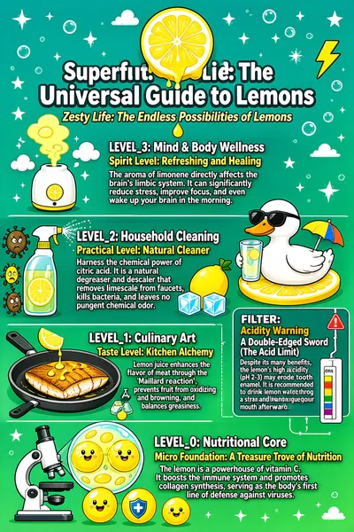 This infographic uses "Zesty Life: The Endless Possibilities of Lemons" as its subtitle, with the main title "Superfruit: The Universal Guide to Lemons" accompanied by a lightning bolt icon. It adopts a fresh, bright teal-green gradient background dotted with white stars, bubbles, clouds, and other elements, creating a lively, scientific yet natural visual atmosphere. The design style is flat cartoon illustration, featuring multiple vivid icons and scenes—such as an aroma diffuser, a spray bottle, pan-fried fish, a microscope, and a duck vacationing on a lemon slice—that enhance the fun and readability.

The infographic uses a vertically layered structure, starting from "LEVEL_0: Nutritional Core" at the bottom and stacking upward through "LEVEL_1: Culinary Art", "LEVEL_2: Household Cleaning", and "LEVEL_3: Mind & Body Wellness", forming an application hierarchy from foundational to advanced. In the middle-right area, a standalone "FILTER: Acidity Warning" module is placed as a reminder of the potential risks of lemon's high acidity; positioned between LEVEL_1 and LEVEL_2, it connects via a vertical line to the pH test strip icon beneath LEVEL_1, emphasizing its food-consumption-related warning role.

The content of each level is detailed as follows:

- **LEVEL_0: Nutritional Core**
  - Title: "Micro Foundation: A Treasure Trove of Nutrition"
  - Text content: "The lemon is a powerhouse of vitamin C. It boosts the immune system and promotes collagen synthesis, serving as the body's first line of defense against viruses."
  - Visual elements: On the left, a microscope icon with an enlarged lemon cell structure under its lens containing three anthropomorphized yellow spheres (representing vitamins or nutrients), one of which holds a shield, symbolizing protective function.

- **LEVEL_1: Culinary Art**
  - Title: "Taste Level: Kitchen Alchemy"
  - Text content: "Lemon juice enhances the flavor of meat through the 'Maillard reaction', prevents fruit from oxidizing and browning, and balances greasiness."
  - Visual elements: On the left, a fish fillet being pan-fried and drizzled with lemon juice, with knives and dripping lemon juice nearby; chemical formulas above (presumably limonene or related compounds); on the right, a connection to the pH test strip icon of the "FILTER" module.

- **LEVEL_2: Household Cleaning**
  - Title: "Practical Level: Natural Cleaner"
  - Text content: "Harness the chemical power of citric acid. It is a natural degreaser and descaler that removes limescale from faucets, kills bacteria, and leaves no pungent chemical odor."
  - Visual elements: On the left, a spray bottle filled with lemon slices and clean water whose mist repels three anthropomorphized bacteria/stain characters (brown, yellow, and blue), accompanied by chemical formulas; on the right, a whole lemon and ice cubes.

- **LEVEL_3: Mind & Body Wellness**
  - Title: "Spirit Level: Refreshing and Healing"
  - Text content: "The aroma of limonene directly affects the brain's limbic system. It can significantly reduce stress, improve focus, and even wake up your brain in the morning."
  - Visual elements: In the upper left, an aroma diffuser at work emitting yellow steam surrounded by clouds, symbolizing aromatherapy.

- **FILTER: Acidity Warning**
  - Title: "A Double-Edged Sword (The Acid Limit)"
  - Text content: "Despite its many benefits, the lemon's high acidity (pH 2-3) may erode tooth enamel. It is recommended to drink lemon water through a straw and rinse your mouth afterward."
  - Visual elements: On the right, a white duck wearing sunglasses and holding a glass of lemon water lounges comfortably on a giant lemon slice, with a small umbrella decoration nearby, conveying a message of relaxed enjoyment paired with a health warning.

In addition, at the top center of the infographic there is a half-cut lemon with dripping juice, reinforcing the theme. The overall layout is clear with progressive logic, tightly integrating text and images, conveying scientific knowledge while remaining fun and practical—suitable for mass communication and educational purposes. All text is in English, with no other-language translation or mixed-language content.
