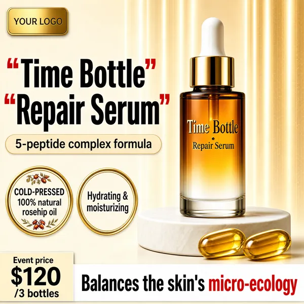 [Format]
Professional e-commerce product main image, square 1:1, premium gold-toned serum advertising style with fine vertical satin light streaks.

[Colors]
Background a warm cream-beige (#ead9bd range) with subtle vertical gold streaks, amber gradient bottle, black, red and gold type; No frame border.

[Layout]
A gold chip with "YOUR LOGO" top-left; the headline stacked on the left; a beige pill beneath it; two circular gold stamps lower-left; the bottle on a round white stone podium right of centre with golden capsules at its base; a cream price strip and a white claim bar along the bottom.

[Subject]
No people. A heavy glass dropper bottle with a white-to-amber gradient fill, thick polished gold collar and white dropper top, fine embossed lettering, standing on a round white podium with two translucent golden oil capsules beside it.

[Headline]
Big black characters with red quote brackets: "Time Bottle" over "Repair Serum". Beige pill, brown text: "5-peptide complex formula". White bar, bold black ending in red: "Balances the skin's micro-ecology". Price strip: "Event price" small, "$120" huge, "/3 bottles" beside.

[Badges]
Two circular gold-outlined stamps on the left: one reading "COLD-PRESSED 100% natural rosehip oil" around the rim, one with "Hydrating & moisturizing" in the centre.

[Mood]
Luxurious, restorative and golden; warm cream light with amber glass depth and clinical peptide claims.