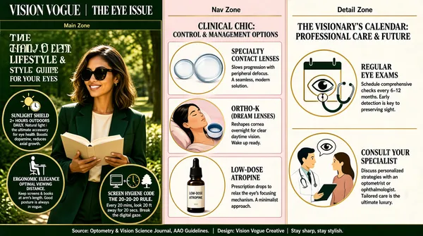 This infographic, titled "VISION VOGUE | THE EYE ISSUE," presents "MYOPIA PREVENTION & CONTROL: A STYLE GUIDE FOR YOUR EYES" in a magazine-style layout with a sophisticated, elegant design. The overall aesthetic features a dark green background with cream, pink, and gold accents, evoking a high-end fashion publication. The layout is divided into three main vertical zones labeled "Main Zone," "Nav Zone," and "Detail Zone," with the content arranged as if it were an open magazine spread. The leftmost section, under the "Main Zone" label, serves as the cover page. It prominently displays the title "THE DAILY EDIT: LIFESTYLE & HABITS" over a photograph of a smiling woman in sunglasses, wearing a green blazer and holding an open book outdoors in a sunlit park. This section contains three circular callout boxes with gold borders, each detailing a lifestyle habit: - **SUNLIGHT SHIELD**: "2+ HOURS OUTDOORS DAILY. Natural light is the ultimate accessory for eye health. Boosts dopamine, reduces axial growth." Accompanied by an icon of a sun with a clock. - **ERGONOMIC ELEGANCE**: "OPTIMAL VIEWING DISTANCE. Keep screens & books at arm’s length. Good posture is always in vogue." Includes an icon of a person sitting at a desk. - **SCREEN HYGIENE CODE**: "THE 20-20-20 RULE. Every 20 mins, look 20 ft away for 20 secs. Break the digital gaze." Features an icon showing a monitor with a timer pointing to a tree. The middle section, under the "Detail Zone" label, is titled "CLINICAL CHIC: CONTROL & MANAGEMENT OPTIONS" on a soft pink background. It presents three treatment options with accompanying images: - **SPECIALTY CONTACT LENSES**: Image shows two contact lenses, one magnified. Text: "Slows progression with peripheral defocus. A seamless, modern solution." - **ORTHO-K (DREAM LENSES)**: Image depicts a sleeping person with closed eyes and a contact lens case beside them. Text: "Reshapes cornea overnight for clear daytime vision. Wake up ready." - **LOW-DOSE ATROPINE**: Image shows a dropper bottle. Text: "Prescription drops to relax the eye’s focusing mechanism. A minimalist approach." The rightmost section, also under "Detail Zone," is titled "THE VISIONARY’S CALENDAR: PROFESSIONAL CARE & FUTURE" on a cream background. It includes two key recommendations: - **REGULAR EYE EXAMS**: Icon of a calendar with an eye symbol and a stethoscope. Text: "Schedule comprehensive checks every 6-12 months. Early detection is key to preserving sight." - **CONSULT YOUR SPECIALIST**: Icon of a doctor and patient with a speech bubble containing an eye. Text: "Discuss personalized strategies with an optometrist or ophthalmologist. Tailored care is the ultimate luxury." At the bottom of the infographic, a source line reads: "Source: Optometry & Vision Science Journal, AAO Guidelines. | Design: Vision Vogue Creative | Stay sharp, stay stylish." The infographic uses a consistent typographic hierarchy with bold, serif fonts for titles and clean sans-serif for body text. Visual elements are minimal yet impactful, using icons and high-quality imagery to support the textual information. The color palette—dark green, cream, pink, and gold—reinforces the "vogue" theme, blending medical advice with lifestyle elegance. All data points are explicitly stated, with no numerical values requiring inference beyond the specified time intervals (e.g., 2+ hours, 20 minutes, 20 feet, 20 seconds, 6-12 months).