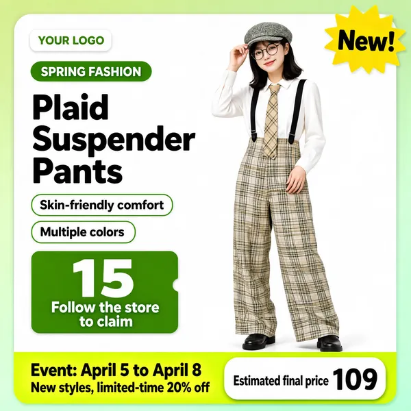 [Format]
Professional e-commerce product main image, square 1:1, fresh spring fashion look with a model on a white rounded card over pastel green.

[Colors]
Background soft sage-to-mint gradient (#cfe3c8 to #e4f0da), white rounded content card, primary accent leaf green (#7ab55c), secondary black, white and khaki plaid, lime-green footer banner, red price dot. No frame border.

[Layout]
Header chip top-left. A yellow "New!" starburst pins the top-right corner. Left column carries a green category pill, black headline, two outlined pills and a green price card. The model stands center-right adjusting her cap. A lime footer banner spans the bottom with an event line and a white price chip.

[Subject]
A young woman in a white blouse, black suspenders, beige plaid tie and plaid wide-leg overalls, wearing round glasses and a grey tweed cap, one hand raised to the brim.

[Headline]
Green pill: "SPRING FASHION". Black bold heading: "Plaid Suspender Pants". Outlined pills: "Skin-friendly comfort" and "Multiple colors". Green card: "15" and "Follow the store to claim". Footer banner: "Event: April 5 to April 8" and "New styles, limited-time 20% off". White chip: "Estimated final price 109".

[Badges]
Yellow "New!" starburst; green coupon card; lime footer banner with white price chip; header chip "YOUR LOGO".

[Mood]
Crisp academic-cute spring styling with a friendly follow-to-save hook.