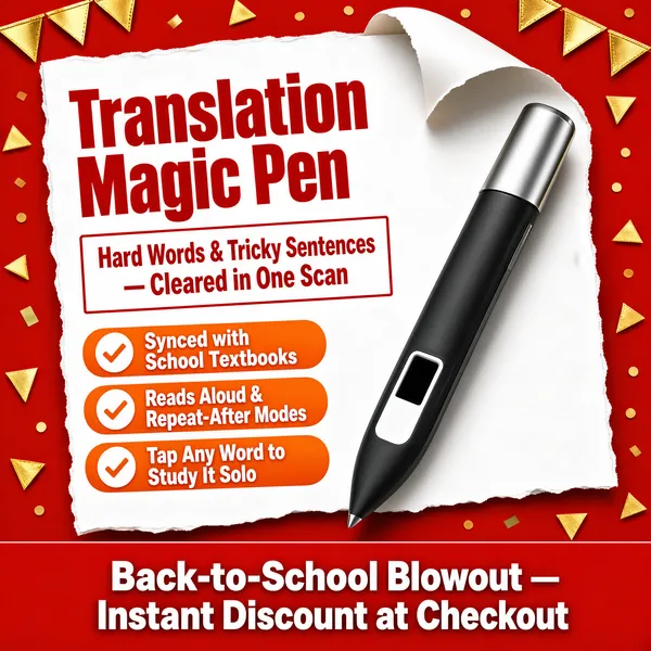 [Format]
Professional e-commerce product main image, square 1:1, festive back-to-school promo style with a torn-paper card, red ground and golden pennant flags.

[Colors]
Vivid red background (#c5281c) scattered with gold triangular bunting and confetti; a large white curled-paper sheet fills the centre; headline in strong red on the white card; orange check pills with white text; a solid red band along the bottom. No frame border.

[Layout]
The white paper card occupies the upper two-thirds at a slight tilt, its top corner curling. All copy sits on the card: headline top-left, an outlined box beneath it, three stacked check pills lower-left. The scan pen runs diagonally down the right side, tip pointing toward the bottom red band.

[Subject]
No people. A sleek dictionary-pen scanner with a black rubberised body, silver top cap and white scan window, angled nose-down as if mid-scan; matte-to-gloss finish, soft drop shadow on the paper behind it.

[Headline]
Top-left on the card, in very heavy red caps: "Translation Magic Pen". Below, inside a thin red-outlined rectangle: "Hard Words & Tricky Sentences — Cleared in One Scan" across two lines. Orange pills with white check circles read, top to bottom: "Synced with School Textbooks", "Reads Aloud & Repeat-After Modes", "Tap Any Word to Study It Solo".

[Badges]
Bottom red band in bold white: "Back-to-School Blowout — Instant Discount at Checkout".

[Mood]
Energetic study-season urgency; red-and-gold celebration with a crisp gadget hero, discount-first messaging.