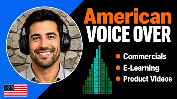 [Format]
Landscape 16:9 gig cover, bold split layout with circular headshot and service list. Modern, punchy finish. No watermark, no personal names.

[Layout]
The cover is split diagonally: the left third is bright blue, the right two-thirds is black. A circular headshot of a man sits on the left, overlapping the split. The right side carries large orange and white type with a vertical audio-bar graphic and a bulleted service list.

[Subject]
A smiling man with short dark hair and stubble, wearing large over-ear headphones and a light gray shirt. He is shown in a circular crop against a stone-patterned background, positioned on the left third.

[Headline]
Right side in very large orange sans-serif title case: "American" then "VOICE OVER" below. Below in white sans-serif: "Commercials", "E-Learning", "Product Videos", each preceded by a small orange dot.

[Badges]
Bottom-left: a small rectangular national-flag mark with horizontal red-and-white stripes and a blue canton. Near the center-right, a vertical bar-chart/audio-waveform graphic in teal and dark green.

[Mood]
Bright blue, black, orange, and white. Energetic, professional, American-focused; reads at thumbnail as a versatile American voice-over service.