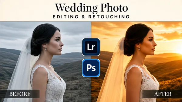 [Format]
Landscape 16:9 gig cover, wedding before/after colour-grading comparison. Cinematic photographic finish. No watermark, no personal names.

[Layout]
A slim off-white banner caps the top, roughly one-quarter of the frame height, carrying the headline. Below it the frame splits into two equal 50/50 vertical halves of the same bridal portrait: the left half cool and desaturated, the right half graded to a warm golden sunset. A thin seam marks the division. Straddling the seam at mid-height are two rounded-square app icons stacked vertically with a small gap between them. Two short semi-transparent dark strips sit at the bottom of each half holding the Before/After words, aligned toward the outer edges of the two panels.

[Subject]
A bride seen in profile facing right: dark hair in a low updo with a long sheer veil, a sleeveless lace gown, small earring, calm closed-mouth expression, framed from mid-thigh up and cropped below the bust by the bottom band. Behind her on the left a flat overcast sky and dim hills; on the right the same scene under a blazing orange-gold sunset. The pose is identical on both sides.

[Headline]
Top banner: 'Wedding Photo' in a large black mixed-case serif, centred, over a second line 'EDITING & RETOUCHING' in black letterspaced sans-serif caps roughly half the size. Bottom strips: 'BEFORE' on the left and 'AFTER' on the right in white serif caps, small, sitting on translucent dark bars. Reading order is headline banner first, then Before/After.

[Badges]
Between the two halves, stacked vertically at the centre seam: the Adobe Lightroom icon — a rounded navy square with a white 'Lr' glyph — above the Adobe Photoshop icon, a rounded blue square with a white 'Ps' glyph. Each is roughly one-tenth of the frame height, with a small gap between them.

[Mood]
Cool slate blues on the left against rich amber-orange on the right, cream banner above; cinematic and romantic. The two-tone split and the stacked app icons are the strongest thumbnail signals.