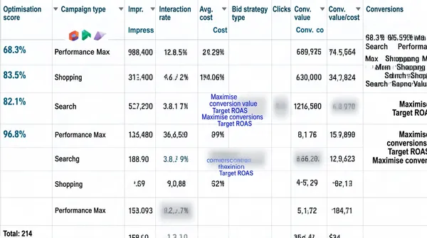 [Format]
Landscape 16:9 gig cover that is a full-bleed screenshot of a Google Ads campaign performance report table. Flat digital screenshot finish, no art direction and no photography. No watermark, no personal names.

[Layout]
The entire frame is one wide table viewed straight on, with no background, border, drop shadow or surrounding design of any kind. A single header row runs across the top, below which nine body rows of equal height are separated by thin light-grey horizontal rules. Thirteen columns are divided by faint vertical rules, most of them narrow, with the widest column sitting in the middle and the widest text column at the far right. A total row is clipped by the bottom edge so only a stub of a label and a number remain visible. Several individual cells are covered by soft grey blur patches, and tiny coloured glyphs appear in the leftmost column on a few rows.

[Subject]
None — a data-table screenshot only, with no people in the frame.

[Headline]
Header row, left to right, in small teal-blue medium weight with a tiny sort triangle beside a few of them: "Optimisation score", "Campaign type", "Impr.", "Interact.", "Interaction rate", "Avg. cost", "Cost", "Bid strategy type", "Clicks", "Conv. rate", "Conv. value", "Conv. value/cost", "Conversions". In the body rows: the leftmost column holds small teal percentage scores (approximately 68.3%, 83.5%, 82.1%, an empty cell, then 96.8%, followed by several blanks), with a tiny coloured icon beside the first three; the second column holds short campaign names such as "Performance Max", "Shopping" and "Search" stacked one per row; the numeric columns hold thousands-separated impression counts, two-decimal interaction percentages, costs prefixed by a short currency code, small click counts and conversion percentages, all right-aligned into a jagged column grid. The bid-strategy column holds short multi-line phrases in blue-violet text such as "Maximise conversion value" and "Target ROAS".

[Badges]
The only marks are three tiny Google Ads campaign-type icons in the leftmost body column (Performance Max, Shopping and Search badges) plus a few small grey sort triangles in the header row.

[Mood]
Utilitarian, dry and evidence-first. Palette: white, light grey rules, small teal-blue header text, blue-violet bid-strategy text and the soft grey blur patches. At thumbnail size it reads as a dense spreadsheet rather than a designed cover, so the numbers themselves are the whole message.