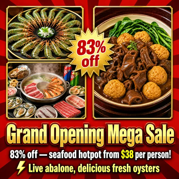 [Format]
Professional e-commerce product main image, square 1:1, loud restaurant grand-opening poster with a photo collage, red rays and giant gold type.

[Colors]
Background vivid red with darker red radiating rays from the centre. Photo tiles trimmed in gold. The headline in gold characters with a red outline; supporting text in white and yellow. No frame border.

[Layout]
The upper half holds three food photo tiles — two stacked on the left, one tall on the right — with a jagged gold discount starburst overlapping their inner corner. The lower half carries a massive gold headline across the full width, then two lines of offer text with a small lightning bolt.

[Subject]
No people. Tile one: a platter of whole green prawns arranged in a ring. Tile two: a bubbling seafood hotpot with sliced beef rolls, prawns and canned drinks around it. Tile three: a braised beef-offal dish with tofu puffs and greens.

[Headline]
Gold starburst: "83% off" in red on jagged gold. Giant gold headline: "Grand Opening Mega Sale". Line one: "83% off — seafood hotpot from $38 per person!" Line two: "Live abalone, delicious fresh oysters" in gold with a small lightning icon.

[Mood]
Festive, bustling and hungry-making; red-and-gold celebration energy with radial burst drama, hard to scroll past.