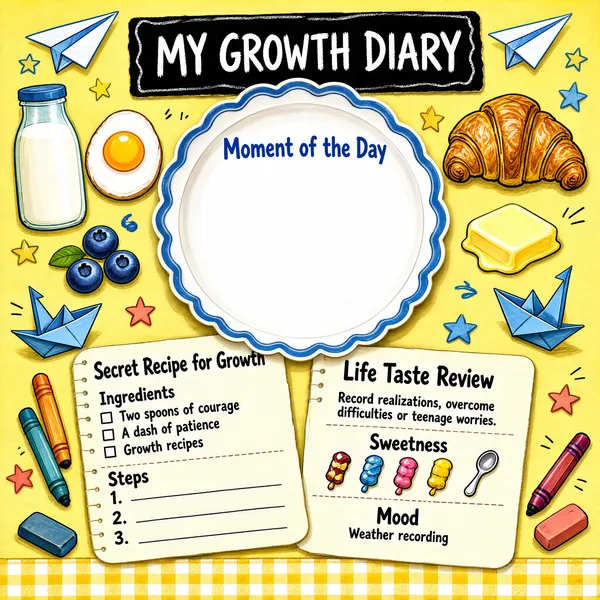 The infographic titled "MY GROWTH DIARY" is presented in a warm, pastel yellow background with a playful, hand-drawn illustration style reminiscent of a child’s scrapbook or cozy kitchen table. The overall layout is centered around a large, decorative white plate with a blue scalloped rim, labeled "Moment of the Day," which serves as the focal point and primary blank space for daily reflection.

Surrounding the plate are various breakfast-themed illustrations: a glass bottle of milk, a sunny-side-up egg, blueberries, a croissant, melting butter, crayons, paper airplanes, origami cranes, and colorful stars. These elements contribute to a cheerful, nurturing atmosphere, reinforcing the theme of personal growth as a daily, nourishing practice.

At the top center, the title "MY GROWTH DIARY" is displayed on a black chalkboard-style banner with white chalk-like lettering, framed by two paper airplanes, adding a sense of adventure and lightness.

Below the central plate, two notepad-style sheets are pinned or placed diagonally, overlapping slightly. The left sheet is titled "Secret Recipe for Growth" and includes:

- **Ingredients** (with checkboxes):
  - Two spoons of courage
  - A dash of patience
  - Growth recipes

- **Steps** (numbered 1 to 3 with blank lines for user input)

The right sheet is titled "Life Taste Review" and instructs users to "Record realizations, overcome difficulties or teenage worries." It contains two sub-sections:

- **Sweetness**: Illustrated with five small candies (four wrapped, one spoon), likely for rating the day’s sweetness on a scale.
- **Mood**: Labeled "Weather recording," suggesting a metaphorical way to log emotional state using weather imagery (though no specific icons are shown).

The bottom edge of the image features a yellow-and-white checkered tablecloth pattern, enhancing the homey, breakfast-table aesthetic. Small decorative items like erasers, crayons, and origami boats are scattered around the edges, tying into the creative, reflective purpose of the diary.

The design uses soft colors—creams, blues, yellows, and browns—with textured paper effects and gentle shadows to create a tactile, inviting feel. All text is in English, with a mix of bold headings and clean sans-serif fonts, ensuring readability while maintaining charm.

This infographic functions as a visual journal template designed for teenagers or young adults to document personal growth through metaphorical "recipes" and daily reflections, blending structure with creativity in a visually engaging format.