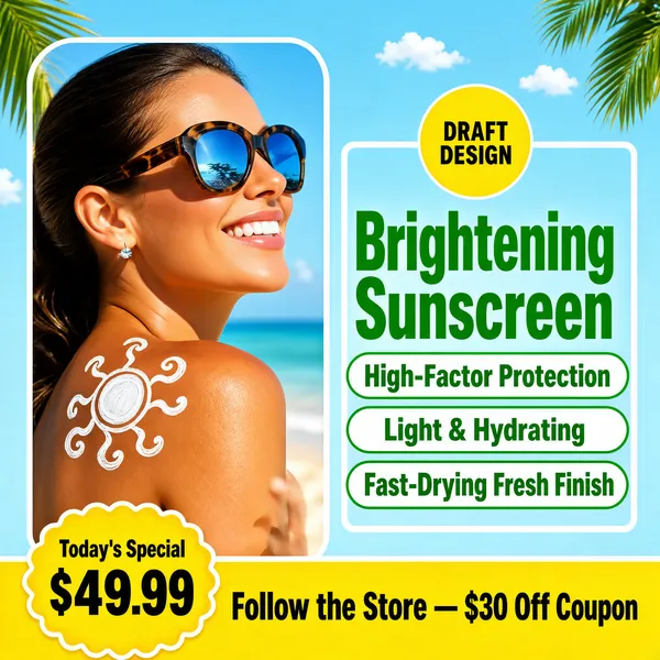 [Format]
Professional e-commerce product main image, square 1:1, summer sun-care advertising style with a tropical blue backdrop, photo panel and bold green display type.

[Colors]
Light azure background (#a8d8ef range) with palm leaves cropping the corners and tiny white clouds; primary accent vivid green for type and pills; warm sunlit skin tones in the photo panel; a yellow footer strip closes the bottom; No frame border.

[Layout]
The left half is a tall rounded photo panel; the right half stacks a yellow circle chip, the giant headline and three green pills; a white bracket frame outlines the right column; the yellow footer strip spans the bottom with a scalloped price medallion at the left.

[Subject]
A radiant white / Caucasian woman in profile, wearing oversized tortoiseshell sunglasses with mirrored blue lenses, her dark hair pulled back, smiling with bright white teeth; a hand-painted white sun symbol with curled rays is drawn on her sun-kissed shoulder; her fair-skinned arm crosses in front with an earring glinting; bright beach sunlight bathes the frame.

[Headline]
Yellow circle chip at top-right: "DRAFT DESIGN" in small dark caps. Beneath, "Brightening" and "Sunscreen" in enormous heavy green caps stacked. Three green-outlined pills with green text: "High-Factor Protection", "Light & Hydrating", "Fast-Drying Fresh Finish".

[Badges]
Yellow footer strip: scalloped medallion reading "Today's Special" over "$49.99" in bold dark numerals, followed by "Follow the Store — $30 Off Coupon" in heavy dark caps.

[Mood]
Sunny, fresh and protective; tropical azure light with vivid green claims and a joyful beachside glow.