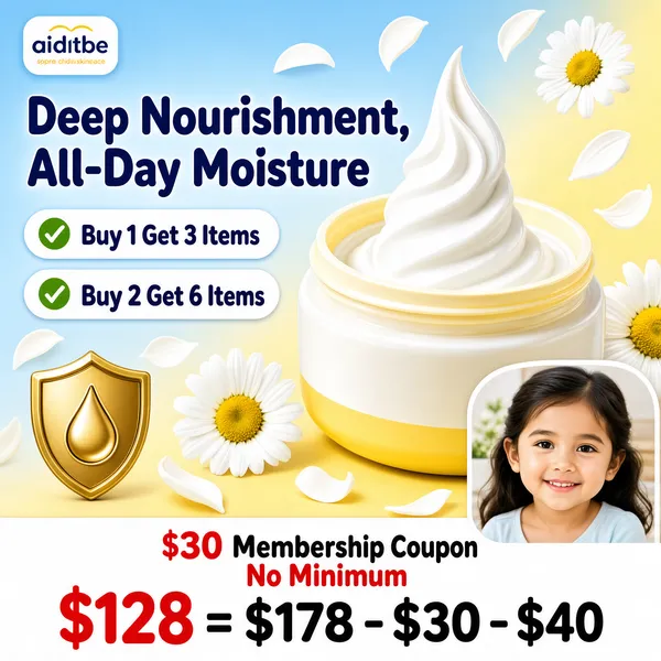 [Format] Professional e-commerce product main image, square 1:1, cheerful pastel kids-skincare style. [Colors] Soft sky-blue backdrop #cfe6f7 melting into pale yellow, creamy white jar with butter-yellow base #f7e6a8, navy headline type, red and black text on the white price strip, white daisies and floating petals, no frame border. [Layout] Logo chip top-left, headline block upper left, two rounded white pills with green checks beneath it, a gold shield lower left, the jar tilted at center-right, a photo of a little girl in the bottom-right corner, and a white info strip across the base with a large price equation. [Subject] An open child-safe face-cream jar with a tall swirl of thick white cream rising from it, glossy pastel packaging, surrounded by drifting daisy petals. [Headline] Deep Nourishment, All-Day Moisture in bold navy letters; two pills read Buy 1 Get 3 Items and Buy 2 Get 6 Items; the bottom strip shows a time window, a $30 Membership Coupon with No Minimum, and the equation $128 = $178 - $30 - $40 with the final price in red. [Badges] A gold shield emblem with a droplet sits lower left, signaling gentle protection. [Mood] Sweet, trustworthy and family-warm, mixing pastel softness with deal-driven clarity.
