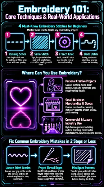 The infographic titled "Embroidery 101: Core Techniques & Real-World Applications" presents a comprehensive guide to embroidery fundamentals using a futuristic, cyberpunk-inspired visual style. The overall layout is vertically segmented into three distinct sections, each with its own heading and content blocks, all set against a dark background accented with glowing neon pink, cyan, and purple lines, icons, and text, evoking a high-tech digital interface aesthetic. Visual elements include circuit-like borders, circular HUD-style graphics, and reflective surfaces, enhancing the modern, tech-forward theme. --- **Section 1: 4 Must-Know Embroidery Stitches for Beginners** This section introduces four foundational embroidery stitches essential for beginners, arranged horizontally along a glowing progress line with numbered, rounded square icons connected by arrows. Each stitch is visually represented with a simple icon inside the square and accompanied by a brief descriptive text below. - **Stitch 1: Running Stitch** - Icon: A dashed horizontal line. - Description: "Fast, simple stitch used for outlining or filling large areas with even spacing." - **Stitch 2: Satin Stitch** - Icon: Diagonal parallel lines forming a filled shape. - Description: "Tight, flat parallel stitches used to fill small shapes with a smooth, glossy finish." - **Stitch 3: French Knot** - Icon: A small circle with a dot in the center, resembling a raised knot. - Description: "Small, raised 3D stitch used for dots, eyes, or textured detailing." - **Stitch 4: Back Stitch** - Icon: A single elongated loop with a tail extending backward. - Description: "Strong, continuous stitch ideal for crisp outlines and lettering." Above this sequence, the subheading reads: "Master these first to tackle any embroidery project." --- **Section 2: Where Can You Use Embroidery?** This section explores practical applications of embroidery across different domains, presented as a vertical flowchart with three levels, each featuring a stylized neon icon and corresponding text. - **Level 1: Personal Creative Projects** - Icon: A person holding a piece of fabric with a heart outline. - Text: "Custom clothing, home decor (pillows, wall art), handmade gifts, scrapbooking details." - **Level 2: Small Business Merchandise & Goods** - Icon: A storefront with a display window. - Text: "Custom merchandise, wedding stationery accents, artisan jewelry, patch making." - **Level 3: Commercial & Luxury Industry Use** - Icon: A fashion runway scene with models and an audience. - Text: "High fashion garment detailing, uniform branding, home textile manufacturing, luxury packaging accents." To the left of this flowchart, there is a decorative element—a glowing neon heart outline within a rectangular frame—reflecting on a wet surface, reinforcing the creative and artistic theme. --- **Section 3: Fix Common Embroidery Mistakes in 2 Steps or Less** This section addresses three frequent issues in embroidery, each illustrated with a square icon and a concise solution. The items are arranged horizontally, connected by arrows, mirroring the structure of the first section. - **Mistake 1: Uneven Stitch Tension** - Icon: A wavy, inconsistent stitch line. - Solution: "Loosen your grip on the needle and thread, and use an embroidery hoop to keep fabric taut." - **Mistake 2: Frayed Thread Edges** - Icon: A needle with frayed threads splaying out. - Solution: "Use thread conditioner or snip frayed ends before threading your needle, and avoid using thread longer than 18 inches." - **Mistake 3: Misaligned Patterns** - Icon: A square with diagonal hatching and a corner fold, suggesting a pattern transfer. - Solution: "Transfer your pattern to fabric using a water-soluble pen, and double-check placement before starting to stitch." --- The infographic concludes with consistent stylistic elements throughout: glowing text, sharp geometric shapes, and a cohesive color palette of electric blue, magenta, and violet, creating an engaging and modern educational resource that blends traditional craft with digital design aesthetics. All textual content is in English, and the information is structured for clarity and easy comprehension.
