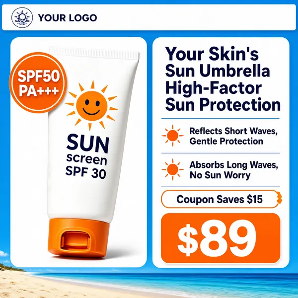 [Format]
Professional e-commerce product main image, square 1:1, sunny beach skincare style with a bold blue field and clean white panels.

[Colors]
Bright azure #1e90d8 background opening onto a sandy beach and blue sea strip at the bottom; crisp white tube with orange cap; orange sun badge; white info panel with orange price block.

[Layout]
Top edge carries a white bar with a circular logo seal and "YOUR LOGO". The sunscreen tube leans slightly in the left half inside a soft white rounded panel. The right half holds a white info panel with headline, two feature rows, a coupon row and an orange price box.

[Subject]
A white squeeze sunscreen tube with a bright orange flip cap, an orange smiling-sun mark and the words "SUN screen SPF 30" printed on the body; an orange circle badge "SPF50 PA+++" overlaps the tube's upper left.

[Headline]
Right panel, bold dark-blue caps on two lines "Your Skin's Sun Umbrella" and "High-Factor Sun Protection"; below, two rows with a small sun icon: "Reflects Short Waves, Gentle Protection" and "Absorbs Long Waves, No Sun Worry"; beneath, a pill reading "Coupon Saves $15"; then an orange rounded block with a huge white "$89".

[Badges]
Orange SPF50 PA+++ circle badge on the tube; white logo seal at top-left.

[Mood]
Bright, protective and vacation-ready; saturated blue with sunny orange accents.
