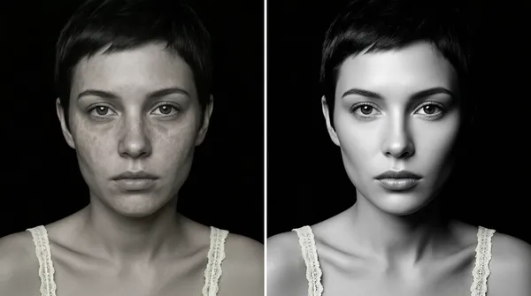 Before After Skin Retouching Monochrome Diptych