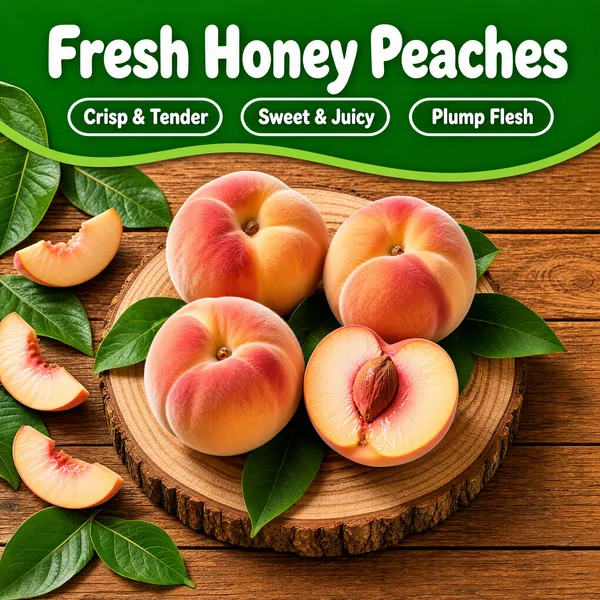 [Format]
Professional e-commerce product main image, square 1:1, rustic farm-fruit style.

[Colors]
Warm wood plank background (#a8763f); a big curved green headline band across the top (#3fae3f) with white type; pink-blush peaches; scattered green leaves and fruit slices.

[Layout]
The green wave-shaped band spans the top holding the title and three small outlined pills; three whole peaches plus one halved sit on a round wood-slice board at the centre; leaves and cut fruit pieces scatter along the left edge.

[Subject]
Three plump pink-and-cream honey peaches with fine fuzz, one cut open showing glistening flesh and a blushed pit, arranged on a rustic wooden board with fresh leaves. No people.

[Headline]
"Fresh Honey Peaches" in fat white type on the green band; three outlined pills beneath it reading "Crisp & Tender", "Sweet & Juicy", "Plump Flesh".

[Badges]
None.

[Mood]
Orchard-fresh and mouthwatering; sunny wood tones under a leafy green banner.