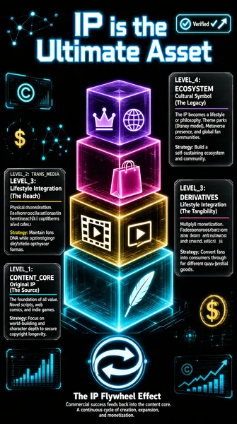 The infographic titled "IP is the Ultimate Asset" presents a visually striking, futuristic-themed diagram illustrating the multi-dimensional evolution of brands from storytelling to global ecosystems. The title is prominently displayed at the top in large, glowing white text with a neon blue outline, accompanied by a “Verified” badge featuring a checkmark icon and a rising arrow symbolizing growth. The overall layout is centered around a 3D pyramid composed of four stacked, translucent cubes, each illuminated with a distinct neon color—cyan (bottom), gold, magenta, and purple (top)—representing progressive levels of IP development. Each cube is adorned with relevant icons: a feather pen (content creation) on the bottom, a film strip (media) on the second, a shopping bag (derivatives) on the third, and a crown and globe (ecosystem) on the top. The pyramid is set against a dark background with subtle digital elements such as floating copyright symbols (©), dollar signs ($), network nodes, and abstract data visualizations, enhancing the tech-forward aesthetic. Each level of the pyramid corresponds to a labeled section with a descriptive box containing the level name, subtitle, description, and strategy. These boxes are positioned adjacent to their respective cubes, with consistent design elements: dark gray backgrounds, white text, and small icons indicating the level’s theme. --- **Level 1: Original IP (The Source)** - **Label**: LEVEL_1: CONTENT_CORE - **Icon**: Feather pen - **Description**: "The foundation of all value. Novel scripts, web comics, and indie games." - **Strategy**: "Focus on world-building and character depth to secure copyright longevity." **Level 2: Media Bridge (The Reach)** - **Label**: LEVEL_2: TRANS_MEDIA - **Icon**: Video play button - **Description**: "Multiplying audience touchpoints. Adaptation into movies, animation, and streaming series." - **Strategy**: "Maintain core DNA while optimizing for different platform formats." **Level 3: Lifestyle Integration (The Tangibility)** - **Label**: LEVEL_3: DERIVATIVES - **Icon**: Shopping bag - **Description**: "Physical monetization. Fashion collaborations, toy collectibles (Pop Mart style), and themed cafes." - **Strategy**: "Convert fans into consumers through high-quality physical goods." **Level 4: Cultural Symbol (The Legacy)** - **Label**: LEVEL_4: ECOSYSTEM - **Icon**: Crown - **Description**: "The IP becomes a lifestyle or philosophy. Theme parks (Disney model), Metaverse presence, and global fan communities." - **Strategy**: "Build a self-sustaining ecosystem and community." --- Beneath the pyramid, a circular element labeled "The IP Flywheel Effect" features a double-arrow loop icon. The accompanying text explains: "Commercial success feeds back into the content core. A continuous cycle of creation, expansion, and monetization." Additional visual elements include holographic displays projecting copyright symbols, bar charts, and currency icons, reinforcing themes of intellectual property, financial growth, and digital innovation. The design employs a cyberpunk-inspired color palette with glowing neon lines, creating a dynamic, immersive feel that underscores the concept of evolving digital assets. The infographic effectively communicates a strategic framework for IP development, emphasizing progression from foundational creative content to a self-reinforcing global ecosystem, with clear visual encoding linking each stage to its corresponding business and cultural impact.