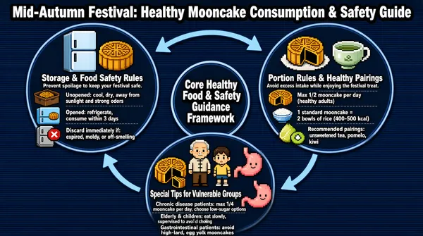 The infographic titled "Mid-Autumn Festival: Healthy Mooncake Consumption & Safety Guide" presents a comprehensive framework for safe and healthy mooncake enjoyment during the festival. The design features a dark blue background with horizontal striped texture, giving it a modern and professional appearance. The title is displayed prominently at the top in large, bold white font with a subtle drop shadow for readability. At the center of the infographic is a circular flow diagram labeled "Core Healthy Food & Safety Guidance Framework," which connects three main thematic circles via light blue curved arrows, forming a triangular loop. These three circles are: 1. **Storage & Food Safety Rules** (top-left circle) - Icon: A refrigerator with a mooncake beside it. - Subtitle: "Prevent spoilage to keep your festival safe." - Three key points with corresponding pixel-art icons: - Unopened: "cool, dry, away from sunlight and strong odors" — icon: a brown box with a mooncake inside. - Opened: "refrigerate, consume within 3 days" — icon: a blue refrigerator with a mooncake inside. - Discard immediately if: "expired, moldy, or off-smelling" — icon: a gray refrigerator with a red “X” over it. 2. **Portion Rules & Healthy Pairings** (top-right circle) - Icon: A mooncake next to a cup of tea. - Subtitle: "Avoid excess intake while enjoying the festival treat." - Four key points with corresponding icons: - "Max 1/2 mooncake per day (healthy adults)" — icon: half a mooncake cut into pieces. - "1 standard mooncake = 2 bowls of rice (400-500 kcal)" — icon: a bowl of rice. - "Recommended pairings: unsweetened tea, pomelo, kiwi" — icon: pomelo and kiwi slices. 3. **Special Tips for Vulnerable Groups** (bottom-center circle) - Icon: Two halves of a mooncake. - Three key points with corresponding icons: - "Chronic disease patients: max 1/4 mooncake per day, choose low-sugar options" — icon: a quarter mooncake. - "Elderly & children: eat slowly, supervised to avoid choking" — icon: elderly man and child figures. - "Gastrointestinal patients: avoid high-lard, egg yolk mooncakes" — icon: a pink stomach organ. The visual style uses pixel art for all icons, contributing to a retro yet clean aesthetic. Text is consistently rendered in white sans-serif font with slight outlines or shadows for contrast against the dark background. All information is logically grouped under each thematic circle, with clear directional arrows indicating the interconnected nature of the guidance framework. The layout emphasizes a holistic approach to mooncake consumption, integrating food safety, portion management, and personalized dietary advice for different populations. All textual content is in English, and no other languages are present. The infographic does not contain any charts, graphs, or numerical scales beyond explicit values like "1/2", "1/4", "3 days", "400-500 kcal", and "2 bowls of rice". Every piece of text is legible and directly tied to a specific visual cue or icon, ensuring clarity and ease of comprehension.