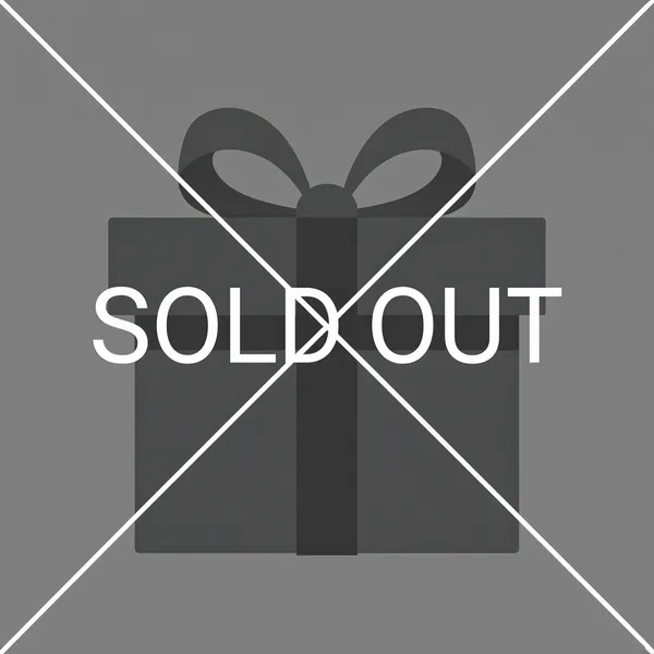 [Format]
Professional e-commerce product main image, square 1:1, flat grey sold-out placeholder graphic.

[Colors]
Flat medium grey background (#909090); a slightly darker grey gift-box silhouette (#7a7a7a); thin white diagonal lines; bold white display text.

[Layout]
A full-bleed grey square; a faint darker gift box with a ribbon bow centered behind everything; two thin white lines crossing corner to corner in an X; one large white headline set straight across the middle of the frame.

[Subject]
A dark grey gift-box silhouette with a ribbon bow, barely visible against the uniform grey field and crossed by two thin white diagonal lines.

[Headline]
'SOLD OUT' in very large, thin white sans-serif characters centered across the middle of the image.

[Mood]
Flat, matter-of-fact out-of-stock notice with minimal visual noise, designed to overlay any product card in a mini-program storefront.