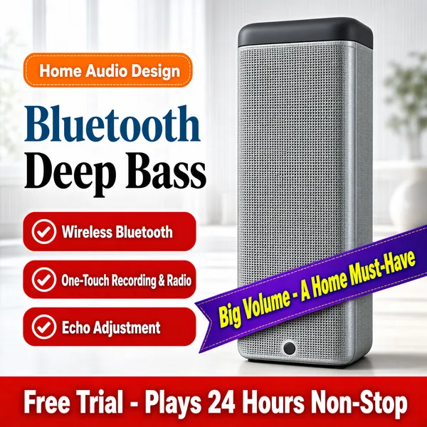 [Format]
Professional e-commerce product main image, square 1:1, bright home-audio advertising style with a soft daylight interior and checklist-style promo graphics.

[Colors]
Airy pale grey and white background #eef1f3 with soft window light; the tall silver speaker reads woven-grey #c9ccd0 with a dark charcoal top; accents of orange #f08c1e badge, red checklist pills and a purple ribbon. No frame border.

[Layout]
The tower speaker fills the right two-thirds, standing on a pale floor against a softly blurred bright room; the left column stacks an orange badge, a two-tone headline and three red checklist rows; a purple ribbon wraps the speaker's lower body; a red bar runs along the bottom.

[Subject]
A tall rectangular tower Bluetooth speaker with a fine woven-grey mesh grille, rounded dark charcoal top panel and a small control dot near its base, standing upright in soft studio light. No people.

[Headline]
Left column: an orange rounded badge reading "Home Audio Design" in white; below, "Bluetooth" in large blue-grey serif-flavoured type beside "Deep Bass" in bold dark type. Three red rounded checklist rows in white: "Wireless Bluetooth", "One-Touch Recording & Radio", "Echo Adjustment". Bottom red bar, heavy white text: "Free Trial - Plays 24 Hours Non-Stop".

[Badges]
A purple diagonal ribbon across the speaker reading "Big Volume - A Home Must-Have" in yellow and white.

[Mood]
Bright, practical and reassuring; airy neutral room tones with warm orange and red promo pops.