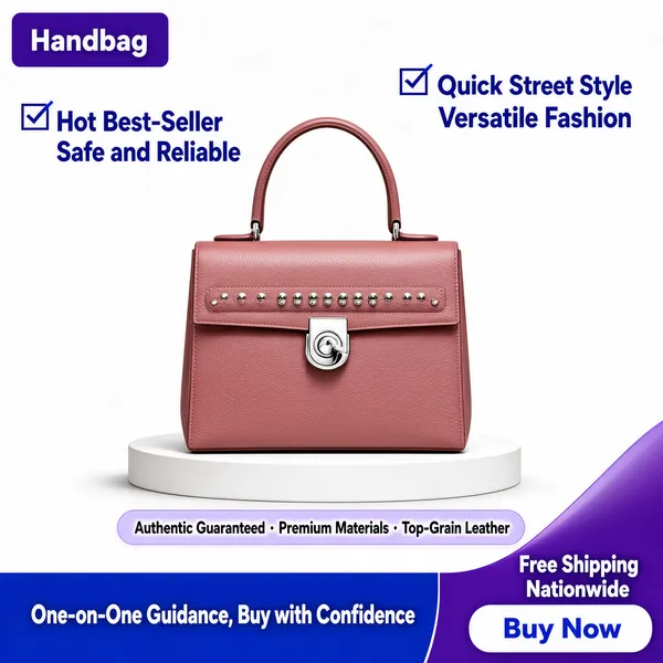 [Format]
Professional e-commerce product main image, square 1:1, clean boutique handbag style on a white catalogue stage with purple-blue gradient ribbon accents and checkmark claims.

[Colors]
Bright white background in the #f7f8fa range, primary accent periwinkle blue-purple (#5a5ad9) ribbons, pills and footer band, dusty-rose leather product, silver hardware; No frame border.

[Layout]
A purple category label sits at the top-left; two columns of checkmark claims run across the upper third; the handbag sits centred on a low white pedestal; a slim lavender pill with three phrases lies beneath the product; the bottom edge carries a blue guidance band on the left and a purple shipping corner with an action pill on the right.

[Subject]
A structured dusty-rose top-handle satchel in smooth grained leather, its front flap finished with a single row of small silver studs and a polished silver turn-lock clasp, tall top handle standing upright; crisp catalogue lighting with a soft contact shadow, no people.

[Headline]
Upper third, two columns of blue bold items with outlined check squares: "Quick Street Style", "Versatile Fashion" on the right; "Hot Best-Seller", "Safe and Reliable" below. Top-left purple tag: "Handbag" in white. Beneath the bag, a lavender pill in white text: "Authentic Guaranteed · Premium Materials · Top-Grain Leather".

[Badges]
Bottom blue band: "One-on-One Guidance, Buy with Confidence" in white; lower-right purple corner "Free Shipping Nationwide" above a white pill "Buy Now" in blue.

[Mood]
Tidy, boutique-professional and reassurance-led; white catalogue calm with purple retail polish.