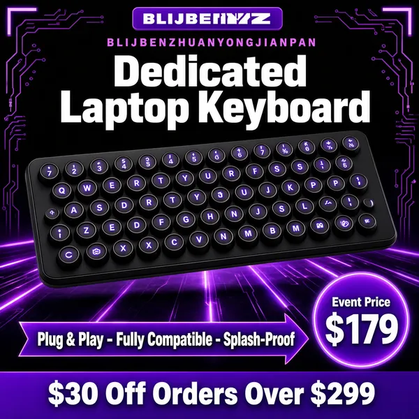 [Format]
Professional e-commerce product main image, square 1:1, dark neon gaming-gear style with circuit-glow framing.

[Colors]
Near-black background around #120618 with violet circuit traces and glowing purple light beams, magenta-purple corner brackets, white display type and a matte-black keyboard; no frame border beyond the glowing circuit edging.

[Layout]
A logo placeholder sits top centre inside a purple tab; a small letterspaced purple line sits beneath it; the big white title follows; the keyboard fills the middle of the frame; a purple arrow banner and a round price disc sit near the bottom; a violet strip runs along the very bottom edge.

[Subject]
Centre: a slim black wireless keyboard with round retro keycaps laid at a slight tilt, the legends glowing faintly purple, floating above a dark reflective surface streaked with light beams.

[Headline]
A small purple caps line reads "BLIJBENZHUANYONGJIANPAN"; beneath it "Dedicated Laptop Keyboard" in very heavy white caps; the purple arrow banner reads "Plug & Play - Fully Compatible - Splash-Proof"; the bottom violet strip reads "$30 Off Orders Over $299" in bold white; the right price disc shows "Event Price" over "$179" in white numerals.

[Badges]
None; the glow framing and price disc carry the promotional weight.

[Mood]
Neon-lit gamer energy; black ground with purple glow lines and a floating retro-keyed deck.