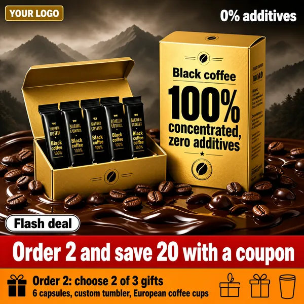 [Format]
Professional e-commerce product main image, square 1:1, rich coffee scene with gold boxes over a moody mountain and melted chocolate terrain.

[Colors]
Background smoky grey-brown mountain mist (#8a7a6a to #3f352c) with dark melted chocolate pooling and scattered coffee beans, primary accent antique gold (#c9a13b), secondary black and white type, red banner, orange strip. No frame border.

[Layout]
Header chip top-left, a "0% additives" line top-right. Two gold boxes stand center: an open tray with black stick packs and a closed box with bold type. A black-outlined white pill sits mid-left. A red banner and orange strip close the bottom with a gift line beneath.

[Subject]
An open gold box holding five black coffee stick packets with gold lettering, beside a sealed gold carton with bold "100% concentrated" type, set on glossy melted chocolate with roasted beans.

[Headline]
Top-right white: "0% additives". Carton type: "Black coffee" and giant "100% concentrated, zero additives". White pill: "Flash deal". Red banner: "Order 2 and save 20 with a coupon". Black-outlined line: "Order 2: choose 2 of 3 gifts" with small print "6 capsules, custom tumbler, European coffee cups".

[Badges]
White flash-deal pill; red coupon banner; gift-selection line with icons; header chip "YOUR LOGO".

[Mood]
Bold roasted intensity with gold-standard purity claims and bundle urgency.