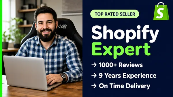 [Format]
Professional Fiverr gig cover, landscape 16:9 banner. Calm, trust-building dark-navy expert style with a real working-desk photograph. No watermark, no personal names.

[Layout]
A deep navy-blue full-bleed background. A thin bright-green vertical strip runs down the entire left edge. The left half holds the subject photographed at his desk; the right half carries the headline and proof list. A green pill badge and the Shopify logo sit along the top right.

[Subject]
Left half: a young white / Caucasian man with a full dark beard and short dark hair, wearing a blue-and-white plaid button-up shirt and a wristwatch, seated in a black gaming-style chair at a wooden desk with a silver laptop open in front of him, one hand resting near the keyboard, smiling warmly at the camera. Natural indoor lighting, waist-up. No text or watermark on the subject.

[Headline]
On the right: "Shopify" in very large white rounded sans-serif, and directly beneath it "Expert" in the same face in bright green. Below, three left-aligned proof rows, each led by a small white right-pointing arrow glyph: "1000+ Reviews", "9 Years Experience" and "On Time Delivery" in clean white sans-serif.

[Badges]
Top centre-right: a light-green rounded pill containing "TOP RATED SELLER" in dark caps. Top-right corner: the Shopify shopping-bag logo in green with a white S.

[Mood]
Trustworthy, experienced and personable; deep navy with green accents, a genuine desk portrait on the left and simple credible proof points on the right.