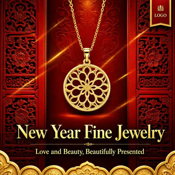 [Format]
Professional e-commerce product main image, square 1:1, gold pendant necklace hero shot suspended over a festive red backdrop with ornate carved red door panels.
[Colors]
Rich festive reds and golds, warm metallic shine on the pendant, soft gold light streaks.
[Layout]
Necklace hanging from the top center, gold headline below the pendant, subline beneath, scalloped gold border at the bottom, logo tab top right.
[Subject]
One round hollow-out floral gold pendant on a fine gold chain.
[Headline]
"New Year Fine Jewelry" with subline "Love and Beauty, Beautifully Presented".
[Badges]
Small brand logo tab in the top right corner.
[Mood]
Luxurious, celebratory and giftable, holiday jewelry campaign feel.