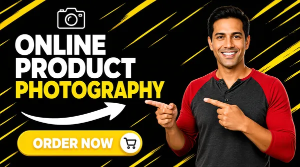 [Format]
Landscape 16:9 gig cover, graphic marketing banner, bold contrast. No watermark, no personal names.

[Layout]
Dark background with diagonal yellow speed streaks. The left two-thirds carry a stacked headline and a CTA button; the right third shows a smiling man in a baseball-style shirt pointing toward the text. A small camera icon floats above the headline.

[Subject]
A man in a charcoal-and-red Henley baseball tee stands on the right, smiling and pointing both index fingers toward the left-side headline, waist-up.

[Headline]
Stacked sans-serif in three lines: "ONLINE" in white extra-bold, "PRODUCT" in white extra-bold, "PHOTOGRAPHY" in yellow extra-bold. Below the last line, a thick white curved arrow sweeps from left to right. A rounded yellow pill at the bottom left reads "ORDER NOW" in white, with a small shopping-cart icon in a white circle on the right side of the pill.

[Badges]
A thin-line camera icon sits above the first headline word. The curved arrow acts as a motion badge.

[Mood]
Black, yellow, and red palette with high contrast; energetic, click-focused, and clearly a marketplace-service cover.