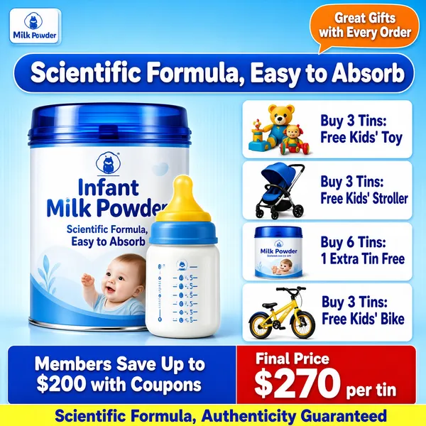 [Format]
Professional e-commerce product main image, square 1:1, sky-blue milk-powder promo with gift ladder.

[Colors]
Soft blue gradient background (#dceafb range); big powder tin with translucent blue lid; blue pill banner; white gift cards with blue titles; red bottom-right price block; yellow strip at the very bottom; No frame border.

[Layout]
Logo chip top-left; orange speech-bubble note top-right; blue rounded headline banner across the upper area; hero tin center-left with a baby bottle in front; right column stacks four white gift cards with thumbnails; bottom band: blue membership bar left, red price block right, thin yellow guarantee strip below.

[Subject]
A large milk-powder tin with a glossy translucent blue snap lid beside a white baby bottle with yellow nipple and blue collar, on a clean gradient studio backdrop.

[Headline]
Orange bubble "Great Gifts with Every Order"; blue banner "Scientific Formula, Easy to Absorb"; gift cards read "Buy 3 Tins: Free Kids' Toy", "Buy 3 Tins: Free Kids' Stroller", "Buy 6 Tins: 1 Extra Tin Free", "Buy 3 Tins: Free Kids' Bike"; bottom blue bar "Members Save Up to $200 with Coupons"; red block "Final Price $270 per tin"; yellow strip "Scientific Formula, Authenticity Guaranteed".

[Badges]
Four gift-tier cards, speech-bubble note, red price block.

[Mood]
Nurturing, dependable infant-nutrition reassurance in cool blues.