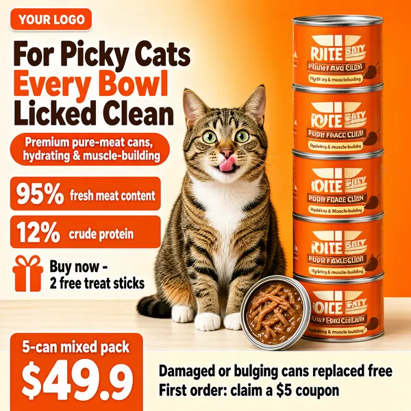 [Format]
Professional e-commerce product main image, square 1:1, playful pet-food advertising style in juicy orange with a happy feline model.

[Colors]
Background a warm cream interior fading to orange (#f3e2c7 range), vivid orange cans and bands, orange, brown and white type; No frame border.

[Layout]
Headline stacked in the upper left; an orange pill beneath it; two orange stat rows; a gift note; the cat at centre-left; a tall stack of cans on the right with one open can leaning at its base; an orange price block bottom-left and a cream claim band along the bottom; a small chip with "YOUR LOGO" top-left.

[Subject]
A striped brown tabby cat sitting on a pale table, eyes wide, pink tongue licking its lips mid-meal; beside it five orange-labelled cans stacked in a tower, the front one open showing shredded meat in gravy.

[Headline]
Chunky brown-and-orange characters: "For Picky Cats" over "Every Bowl Licked Clean". Orange pill, white text: "Premium pure-meat cans, hydrating & muscle-building". Orange stat rows: "95% fresh meat content" and "12% crude protein". Gift line with icon: "Buy now - 2 free treat sticks". Cream band, dark text: "Damaged or bulging cans replaced free" and "First order: claim a $5 coupon".

[Badges]
Bottom-left orange block: "5-can mixed pack" small, "$49.9" huge white.

[Mood]
Joyful, tasty and pet-parent friendly; juicy orange and cream with an irresistible feline close-up.