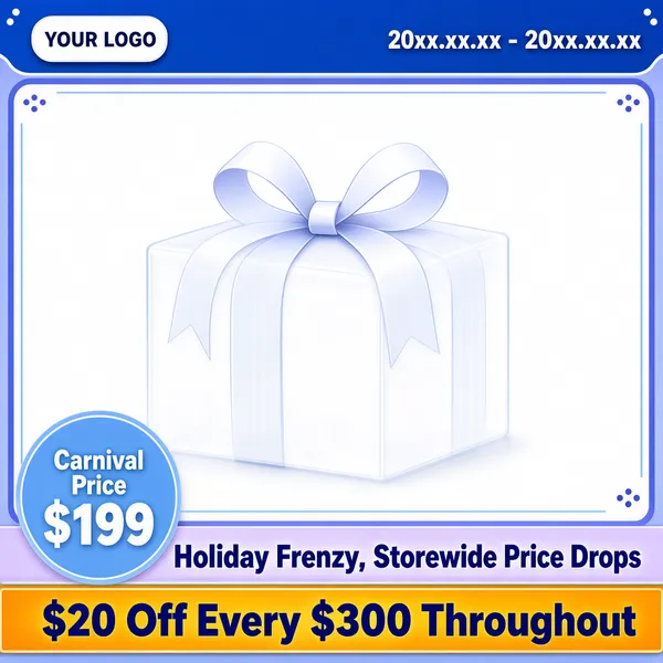 [Format]
Professional e-commerce product main image, square 1:1, blue holiday-sale template with a blank gift-box placeholder.

[Colors]
White panel with a periwinkle-blue border frame and corner dots, blue header bar, ghosted white gift box at center, pale blue roundel bottom left, lavender strip and orange-gold banner along the bottom.

[Layout]
Blue header with logo chip and a date placeholder top right, faint semi-transparent gift box with a bow filling the middle, round price tag bottom left, two stacked offer strips at the bottom.

[Subject]
A blank white gift box with a large ribbon bow, softly lit and semi-transparent, serving as a placeholder stage for any product.

[Headline]
Header: "YOUR LOGO" with placeholder dates "20xx.xx.xx - 20xx.xx.xx". Blue roundel: "Carnival Price $199". Lavender strip: "Holiday Frenzy, Storewide Price Drops". Gold banner: "$20 Off Every $300 Throughout".

[Badges]
Rounded logo chip top left; blue price roundel and gold discount banner at the bottom.

[Mood]
Breezy, celebratory and flexible, a ready-to-fill holiday promo.