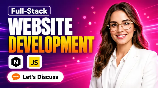 [Format]
Professional Fiverr gig cover, landscape 16:9 banner. Modern tech-studio advertising style with a hot pink-to-magenta gradient and neon glow accents. No watermark, no personal names.

[Layout]
A saturated pink-to-magenta gradient background, deepest violet at the top-left corner and glowing hot pink toward the centre, streaked with thin neon light lines and soft bokeh dots. The left half carries the headline stack and icon row; the right half holds the subject, cropped at the waist and bleeding off the right edge.

[Subject]
On the right: a confident young white / Caucasian woman with long wavy brown hair and thin gold-rimmed glasses, wearing a crisp white blazer over a white shirt, smiling warmly at the camera, three-quarter view. Clean studio light with a soft pink rim. No text or watermark on the subject.

[Headline]
Stacked on the left: a white-outlined rounded rectangle containing "Full-Stack" in white sans-serif title case; then "WEBSITE" in enormous heavy white condensed caps; then "DEVELOPMENT" in heavy condensed caps filled with a yellow-to-orange gradient. Below, a horizontal row of six small rounded white squares, each holding a tech logo: a cyan React atom, an orange HTML5 shield, a green MongoDB leaf, a dark hexagon with a white "N", a yellow "JS" square and a dark green Node.js hexagon. At the bottom, a white rounded pill button with an orange speech-bubble icon on the left and "Let's Discuss" in bold black title case.

[Mood]
Bright, modern and developer-forward; glowing magenta gradient with crisp white type and a friendly human presence anchoring the right side.