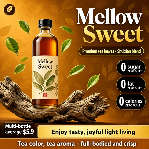 [Format]
Professional e-commerce product main image, square 1:1, warm amber bottled-tea promo with floating leaves.

[Colors]
Toasted amber-to-caramel background (#c98d4e range) with a faint tea-leaf pattern; drifting green leaves; cream-labeled bottle with amber liquid; black claim pills; white and gold type. No frame border.

[Layout]
Logo pill top-left; the paired title arcs across the upper right; three black "0" pills stack down the right edge; the bottle stands on gnarled driftwood at center-left; a price note and claim bars run along the bottom.

[Subject]
No people. A slim clear bottle of amber oolong tea with a cream label printed with tea leaves and a small red seal, standing on weathered driftwood; green tea leaves float through the warm golden air.

[Headline]
Top right, paired display words in white and gold: "Mellow" and "Sweet"; beneath, a gold-outlined pill: "Premium tea leaves - Shuixian blend"; down the right, three black pills reading "0 sugar", "0 fat", "0 calories", each with a tiny caps sub-line.

[Badges]
Bottom-left price note: "Multi-bottle average $5.9"; a gold bar: "Enjoy tasty, joyful light living"; white caps on amber: "Tea color, tea aroma - full-bodied and crisp".

[Mood]
Warm, mellow and appetite-tempting; caramel glow with drifting leaves and zero-guilt claims.