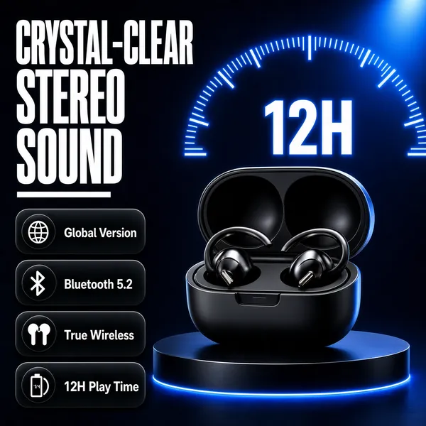 [Format]
Professional e-commerce product main image, square 1:1, premium dark audio-gear style with glowing blue dial graphics and heavy white display type.

[Colors]
Deep navy-to-charcoal gradient background in the #22304a to #10141f range with a soft blue spotlight glow at the upper right, primary accent luminous blue (#4f8dff), dark glossy product; No frame border.

[Layout]
The headline stack occupies the upper-left; a large半 semicircular tick-dial with the big figure "12H" glows behind the product at the upper right; the open earbuds charging case sits centre-right on a dark round podium; a column of four dark spec pills runs down the left side; a faint blue light strip edges the floor.

[Subject]
A matte-black open charging case with two ear-hook wireless earbuds nested inside, curved over-ear hooks and metallic accents, lit with a cool blue rim; the dial behind is drawn as thin luminous blue ticks radiating like clock marks, no people.

[Headline]
Upper-left, stacked in very heavy white condensed caps: "CRYSTAL-CLEAR", "STEREO", "SOUND", with a short white underline dash beneath. Left column pills, each dark rounded with white icon and text: "Global Version", "Bluetooth 5.2", "True Wireless", "12H Play Time". The dial figure "12H" in bold white at the centre of the tick ring.

[Mood]
Sleek, night-club premium and spec-forward; glowing blue instrument graphics over matte black audio hardware.