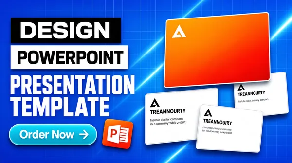[Format]
Landscape 16:9 gig cover, polished marketing-style digital mockup. High-contrast typography, clean render, no watermark, no personal names.

[Layout]
Bright blue gradient fills the full frame. Left third holds stacked headline text and a CTA pill. Right two-thirds shows five presentation-slide mockups scattered at different rotations and depths, overlapping each other, with the largest orange-gradient slide near the upper-right corner and smaller white slides trailing toward the lower-right. Subtle diagonal light streaks and a faint grid add depth behind the slides.

[Subject]
none — typographic only.

[Headline]
Top-left block reads "DESIGN" in white extra-bold sans-serif on a black rectangular plate, followed by "POWERPOINT" in black extra-bold sans-serif on a white rectangular plate, then "PRESENTATION TEMPLATE" in huge white condensed sans-serif directly on the blue background. Bottom-left has a rounded cyan pill button with a right arrow and the words "Order Now" in white.

[Badges]
Lower-left, next to the CTA, sits the Microsoft PowerPoint icon — an orange-to-red rounded square carrying the white "P" document glyph, tilted slightly. The slide mockups contain an anonymous triangular placeholder-company mark and placeholder company words.

[Mood]
Electric blue and orange-red accent palette, energetic and sales-forward, reads as a template/presentation service at thumbnail size.