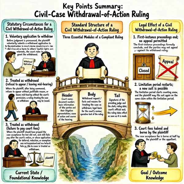 This infographic is titled "Key Points Summary: Civil-Case Withdrawal-of-Action Ruling," rendered in a hand-drawn watercolor style. Its overall layout is symmetrical, with an arch bridge spanning a gorge as the visual center, symbolizing the bridge that connects "current state / foundational knowledge" with "goal / outcome knowledge." Beneath the bridge lies a gorge rendered in blue watercolor, representing "the gap in normative understanding between applicable scenarios and legal effect," emphasizing the linking and deepening of the knowledge system.

The infographic's content is divided into three major sections — left, center, and right — distinguished by differently colored title boxes:

I. Left Section: "Statutory Circumstances for a Civil Withdrawal-of-Action Ruling" (light blue-green background)
This section explains that only three types of circumstances allow a withdrawal-of-action ruling to be issued, covering three specific situations, each with an illustration and explanatory text:
1. Voluntary application to withdraw:
   - Illustration: the plaintiff holds a "Withdrawal Application" scroll and submits it to the judge.
   - Text: "Before judgment is pronounced, the plaintiff voluntarily submits a withdrawal application to the court; where the court's review finds no violation of law and no harm to others' lawful rights and interests, the court rules to grant the withdrawal."

2. Treated as withdrawal (refusal to appear / leaving mid-hearing):
   - Illustration: the plaintiff walks away with their back to the courtroom while the judge sits on the bench.
   - Text: "Where the plaintiff, after being summoned, refuses to appear without justifiable reason, or leaves mid-hearing without the court's permission, a ruling treating the case as withdrawn may be issued."

3. Treated as withdrawal (failure to pay court fees):
   - Illustration: the scale before the judge reads "0," with a "plaintiff" document beside it.
   - Text: "Where the plaintiff should have prepaid the case acceptance fee but did not, and still fails to pay after the court's notice, or whose application for deferral, reduction, or exemption was not approved and who still fails to pay, the case is treated as withdrawn."
   - Bottom label: "Current State / Foundational Knowledge"

II. Center Section: "Standard Structure of a Civil Withdrawal-of-Action Ruling" (light orange background)
This section uses the bridge structure to display the ruling document's three major modules, with a judge figure at the center holding a scroll, flanked on each side by the "Header," "Body," and "Tail" content:
- Header:
  - Must state the court's name, the document number, the basic information of the parties and their litigation representatives, and the cause of action and course of the hearing.
- Body:
  - Must state the withdrawal request / the facts and reasons for treating the case as withdrawn, the legal basis for the court's review, and the operative text of the ruling.
- Tail:
  - Must bear the signatures of the presiding judge and the clerk, the ruling date, and the court's official seal, along with the statutory statement that "this ruling takes effect as soon as it is made."
- Noted beneath the title: "Three Essential Modules of a Compliant Ruling"

III. Right Section: "Legal Effect of a Civil Withdrawal-of-Action Ruling" (light yellow background)
This section explains the three statutory effects that arise once the ruling takes force, each with an illustration and explanation:
1. First-instance proceedings end; no appeal permitted:
   - Illustration: a door with a "Closed" sign, next to an "Appeal" scroll crossed out with a red X.
   - Text: "The first-instance proceedings formally conclude, and the parties may not appeal against the withdrawal ruling."

2. Limitation period restarts; a new suit is possible:
   - Illustration: an hourglass turning over, an arrow pointing to a fresh starting point.
   - Text: "The limitation period starts counting anew, and the plaintiff may file suit again on the same claim within the limitation period."

3. Court fees halved and borne by the plaintiff:
   - Illustration: the judge hands gold coins to the plaintiff.
   - Text: "The case acceptance fee is borne at half by the plaintiff or the appellant."
   - Bottom label: "Goal / Outcome Knowledge"

The overall design uses soft watercolor brushwork with simple, cartoon-like figures; the palette is dominated by off-white, light brown, light green, and light orange, creating a professional yet easy-to-read visual atmosphere. All text is in English, and the content fully covers the entire workflow of a civil withdrawal-of-action ruling, from applicable conditions and document structure to legal consequences.