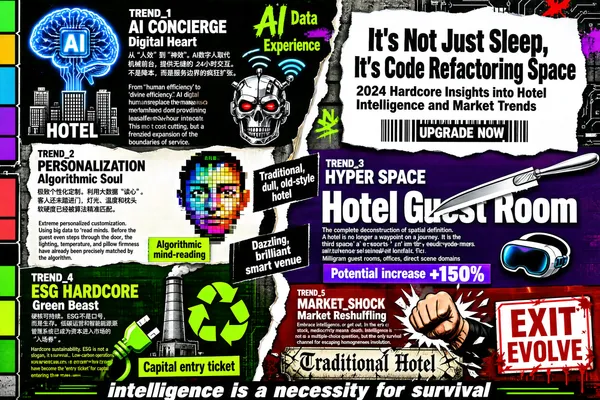 With the eye-catching main title "It's Not Just Sleep, It's Code Refactoring Space" and the subtitle "2024 Hardcore Insights into Hotel Intelligence and Market Trends," this infographic adopts an overall torn-paper collage visual design. The background blends concrete wall texture, circuit-board patterns, graffiti text (such as "AI," "Data," "Experience"), and neon color blocks, creating a strong sense of technology and a street-culture atmosphere. On the right side, torn white paper serves as the base, highlighting the main title and subtitle, with a barcode and the words "UPGRADE NOW" below, reinforcing the urgency of upgrading. The main body of the infographic is divided into five trend modules, labeled TREND_1 through TREND_5, each containing an English theme name, a Chinese explanation, a trend description, and a visual symbol, arranged in an asymmetrical grid layout that guides the flow of the eye through torn edges, arrows, and color blocks. **TREND_1: AI CONCIERGE (Digital Heart)** - Visual elements: on the left, a glowing blue brain with an "AI" mark embedded inside, its neural network extending down to a cluster of city buildings (labeled "HOTEL"), symbolizing an AI hub controlling the hotel system. - Trend description: "From 'human efficiency' to 'divine efficiency.' AI digital humans replace the mechanical front desk, providing seamless 24-hour interaction. This is not cost cutting, but a frenzied expansion of the boundaries of service." - Additional icon: on the right, a metal skull with a Wi-Fi signal and flashing red eyes, enhancing the cyberpunk style. **TREND_2: PERSONALIZATION (Algorithmic Soul)** - Visual elements: a colorful pixelated human face made of squares, embodying a datafied personality. - Trend description: "Extreme personalized customization. Using big data to 'read minds.' Before the guest even steps through the door, the lighting, temperature, and pillow firmness have already been precisely matched by the algorithm." - Emphasized phrase: "Algorithmic mind-reading" is placed in a green label, highlighting the core concept. **TREND_3: HYPER SPACE (Spatial Deconstruction)** - Visual elements: on the right, against a deep purple background, the giant white words "Hotel Guest Room" are being sliced by a scalpel, symbolizing spatial reconstruction; a VR headset icon appears in the lower-right corner. - Trend description: "The complete deconstruction of spatial definition. A hotel is no longer a waypoint on a journey. It is the 'third space,' an 'e-sports pod,' an 'immersive murder-mystery venue.' The scene itself is traffic." - Data annotation: "Potential increase +150%" is placed in a purple gradient bar, emphasizing growth potential. - Supporting text: "Milligram guest rooms, offices, direct scene domains" as examples of new spatial forms. **TREND_4: ESG HARDCORE (Green Beast)** - Visual elements: a green charging plug connected to an industrial smokestack, with a recycling symbol beside the smokestack, symbolizing the green energy transition. - Trend description: "Hardcore sustainability. ESG is not a slogan, it is survival. Low-carbon operations and smart energy management systems have become the 'entry ticket' for capital entering the market." - Emphasized phrase: "Capital entry ticket" is placed in a red label, highlighting commercial value. **TREND_5: MARKET_SHOCK (Market Reshuffling)** - Visual elements: a fist smashing an old-style signboard reading "Traditional Hotel," with fragments flying, symbolizing industry disruption; on the right is a red-and-white "EXIT EVOLVE" warning sign, with a blood effect that heightens the impact. - Summary content: "Embrace intelligence, or get out. In the era of stock, mediocrity means death. Intelligence is not a multiple-choice question, but the only survival channel for escaping homogeneous involution." In addition, the infographic is interspersed with several dynamic visual symbols: - At the central tear there are two diagonal black bars, reading "Traditional, dull, old-style hotel" and "Dazzling, brilliant smart venue," forming a contrast. - Along the left edge, colorful geometric color blocks are stacked, echoing the "data" theme. - The overall color scheme uses high contrast: fluorescent green, bright purple, red, black, and white, combined with shadows and 3D text effects, reinforcing the visual impact. By mixing multiple graphic languages — tech symbols, street graffiti, data visualization, and metaphorical illustration — this infographic constructs a hardcore narrative about the intelligent transformation of the hotel industry in 2024, emphasizing technology-driven change, user experience innovation, spatial function reconstruction, sustainable development, and competitive market shifts, ultimately pointing to the core conclusion that "intelligence is a necessity for survival."
