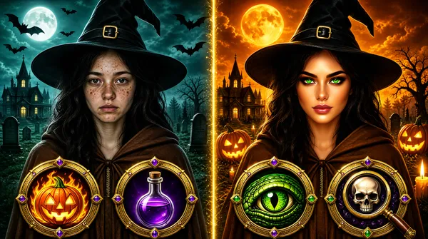 [Format]
Landscape 16:9 gig cover, dark-fantasy Halloween retouching diptych, richly illustrated game-art styling. No watermark, no personal names.

[Layout]
The frame splits into two equal vertical halves separated by a thin glowing golden vertical seam at dead centre. Both halves stage the same witch portrait against a haunted scene. Left half: a cool moonlit palette — teal sky, pale full moon, bats, a haunted mansion and gravestones. Right half: the same composition re-graded warm — orange sky, amber moon, lit jack-o'-lanterns and candles. Along the bottom third of each half sit two ornate circular medallion icons with metallic gold rims: on the left, a flaming pumpkin and a purple potion bottle; on the right, a green reptile eye and a skull inside a magnifying glass. The medallions overlap the witch's torso and give the cover a collectible-card feel.

[Subject]
A young witch with long dark hair, a black pointed hat with a buckle, and a brown cloak, facing the camera in a centred chest-up portrait in both halves. Left version: freckled, blemished skin, dull flat light. Right version: flawless glowing skin, piercing green eyes, warm candlelight on her face.

[Headline]
none — the cover carries no text at all.

[Badges]
Four fantasy game-style medallion icons as described: flaming-pumpkin and purple-potion medallions on the left half, green-eye and skull-under-magnifier medallions on the right half, each in an embossed gold ring with small gem studs.

[Mood]
Teal versus orange — the classic horror split. Atmospheric, saturated, cinematic. At thumbnail size the glowing centre seam and the four bright medallions make the before/after read instantly.