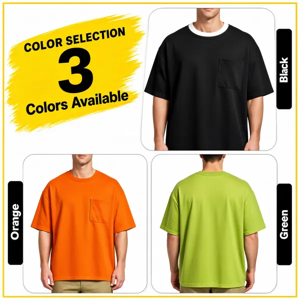 [Format]
Professional e-commerce product main image, square 1:1, colour-variant apparel merchandising grid in white and yellow.

[Colors]
Background is white with a thin yellow keyline frame; primary accents are the yellow brush headline block, black colour tags, and garment shades of black, orange and lime. No frame border beyond the keyline.

[Layout]
Upper-left: the diagonal yellow brush block with the colour count. Upper-right: a tall rounded panel with a black tee on a torso. Lower half: two rounded panels side by side showing an orange tee front-on and a lime tee from the back; each panel carries a black vertical colour tag on its outer edge.

[Subject]
Three oversized pocket tees in heavyweight cotton on white / Caucasian male torsos: a black tee with white contrast inner collar worn open-front, a bright orange tee worn front-on with khaki trousers, and a lime-green tee seen from the back; consistent studio lighting across panels.

[Headline]
Yellow brush block: a big black "3" with black caps "Colors Available" and small "COLOR SELECTION" lettering above. Black vertical tags in white: "Black", "Orange" and "Green".

[Badges]
No badges; the grid layout itself is the merchandising device.

[Mood]
Clean, casual and assortment-led; airy white ground with yellow splash energy and neatly cropped colour stories.
