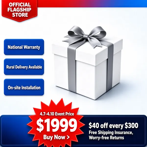 [Format]
Professional e-commerce product main image, square 1:1, clean service-guarantee promo layout with a soft white gift-box placeholder scene.

[Colors]
Background gradient from pure white to light cool gray (#f7f9fb to #e8ecf1), primary accent cobalt blue (#1565c0), secondary deep navy (#0d2b52), top banner in bright red-to-blue gradient with a red notch tab, No frame border.

[Layout]
Top-left corner holds a red ribbon tag with store name; center shows a large white gift box with an elegant ribbon bow as the hero; left-middle stacks three blue rectangular guarantee chips; bottom is split into a dark blue gradient price bar with a red price burst overlapping a wide promo strip.

[Subject]
A white gift box placeholder with a soft gray ribbon bow, suggesting any product, floating on a minimal studio backdrop with subtle shadow.

[Headline]
Top red tab reads "OFFICIAL FLAGSHIP STORE" in white. Three blue chips read "National Warranty", "Rural Delivery Available", "On-site Installation" in white rounded sans-serif. Red burst shows "4.7-4.10 Event Price" with "$1999" in bold white digits and "Buy Now >" beneath. Right bar reads "$40 off every $300" and below "Free Shipping Insurance, Worry-free Returns".

[Badges]
Red corner tab top-left, dark blue price bar bottom-left, wide navy promo strip bottom-right.

[Mood]
Trustworthy and dependable, like a flagship store's after-sales promise communicated with crisp corporate clarity.