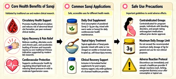The infographic presents a comprehensive guide to Sanqi (also known as Notoginseng), structured into three main sections connected by directional arrows: "Core Health Benefits of Sanqi," "Common Sanqi Applications," and "Safe Use Precautions." The layout is horizontal and linear, with each section occupying a distinct column. Each section features a beige, rounded rectangular header with bold black text, accompanied by a small pink circular icon on the left. The background is a light cream color with a subtle texture resembling parchment paper, giving it a natural, organic aesthetic. --- **Section 1: Core Health Benefits of Sanqi** Header: "Core Health Benefits of Sanqi" with subtitle: "Validated by traditional use and modern clinical research." This section lists three primary benefits, each with an accompanying circular icon and descriptive text: - **Circulatory Health Support** Icon: A red circular graphic depicting a blood vessel with a droplet inside. Text: "Promotes healthy blood circulation and reduces risk of abnormal blood clot formation, per peer-reviewed clinical studies." - **Injury Recovery & Pain Relief** Icon: A hand with a bruised wrist and radiating lines indicating pain or inflammation. Text: "Relieves swelling, alleviates acute and chronic pain, and accelerates healing of bruises and traumatic injuries (a core traditional Chinese indication supported by modern lab research)." - **Cardiovascular Protection** Icon: A pink heart with an EKG line running through it. Text: "Supports cardiovascular health by regulating blood lipid levels and reducing blood pressure in mild to moderate hypertension cases." --- **Section 2: Common Sanqi Applications** Header: "Common Sanqi Applications" with subtitle: "Safe, accessible uses for different health needs." This section details three practical applications, each with an illustrative icon: - **Daily Oral Supplement** Icon: A jar with a blue lid and a green leaf label, representing powdered Sanqi. Text: "Oral consumption of powdered Sanqi (1–3g per day, mixed with warm water or honey) for daily cardiovascular health maintenance." - **Topical Injury Treatment** Icon: A wooden spoon scooping powder into a bowl, symbolizing the preparation of a paste. Text: "Topical application of Sanqi paste (powder mixed with water or rice vinegar) on swollen or bruised areas to speed up soft tissue injury recovery." - **Clinical Recovery Support** Icon: A white bottle with a blue cap and a green checkmark, indicating a formulated supplement. Text: "Inclusion in formulated herbal supplements for post-surgery recovery support, only under guidance of a licensed healthcare provider." --- **Section 3: Safe Use Precautions** Header: "Safe Use Precautions" with subtitle: "Important guidelines to avoid adverse effects." This section includes three precautionary points, each with an icon: - **Contraindicated Groups** Icon: An illustration of a pregnant woman with long hair wearing a pink dress. Text: "Contraindicated for pregnant people, individuals with bleeding disorders, and people taking anticoagulant medications without prior doctor approval." - **Maximum Daily Dosage Limit** Icon: A jar labeled "3g" with a yellow lid, emphasizing the dosage limit. Text: "Do not exceed the recommended maximum daily dosage of 3g for general oral use for non-clinical purposes." - **Adverse Reaction Protocol** Icon: A yellow triangular warning sign with an exclamation mark. Text: "Discontinue use immediately and consult a healthcare provider if allergic reactions (rash, itching, unexpected dizziness) occur after consumption or topical use." --- The infographic uses a consistent visual style throughout: beige backgrounds for headers, pale yellow rounded rectangles for subheadings, black sans-serif font for all text, and simple, clean illustrations to represent concepts. The flow from benefits to applications to precautions suggests a logical progression from understanding what Sanqi does, how to use it, and how to use it safely. All textual content is in English, and no other languages are present. The design prioritizes clarity and accessibility, making it suitable for general audiences seeking information on Sanqi’s therapeutic uses and safety profile.