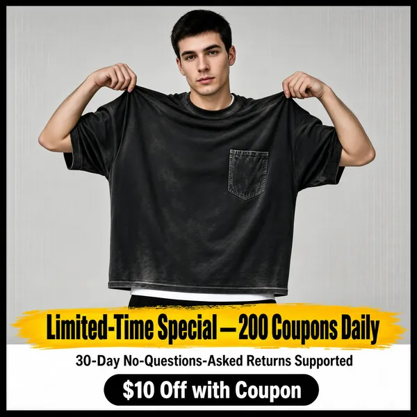[Format]
Professional e-commerce product main image, square 1:1, streetwear tee advertising style with a grey studio shot, black frame and yellow highlighter promo bands.

[Colors]
Light neutral-grey studio background (#e5e4e2 range) framed by a black outer border; garment ink-black washed cotton; primary accent marigold yellow for the promo bands; small white type accents; No frame border beyond the black edging.

[Layout]
The model fills the upper three-quarters, cropped at the knees; the bottom quarter stacks a rough yellow brush-stroke band, a white guarantee line and a black rounded coupon pill, all centred.

[Subject]
A relaxed young white / Caucasian man with short dark hair, shown mid-motion tugging the shoulder of his oversized washed-black t-shirt with both hands raised, chest pocket on the left, the hem of a white undershirt peeking below; his face is calm and direct toward the camera; soft even studio light with gentle floor shadow.

[Headline]
Yellow brush band: "Limited-Time Special — 200 Coupons Daily" in heavy black caps. Beneath in small black text on white: "30-Day No-Questions-Asked Returns Supported". Black rounded pill: "$10 Off with Coupon" in white caps.

[Badges]
Only the coupon pill and guarantee line described above; no logo row.

[Mood]
Effortless, urban and promo-driven; monochrome studio cool punctuated by a single loud yellow marker stroke.